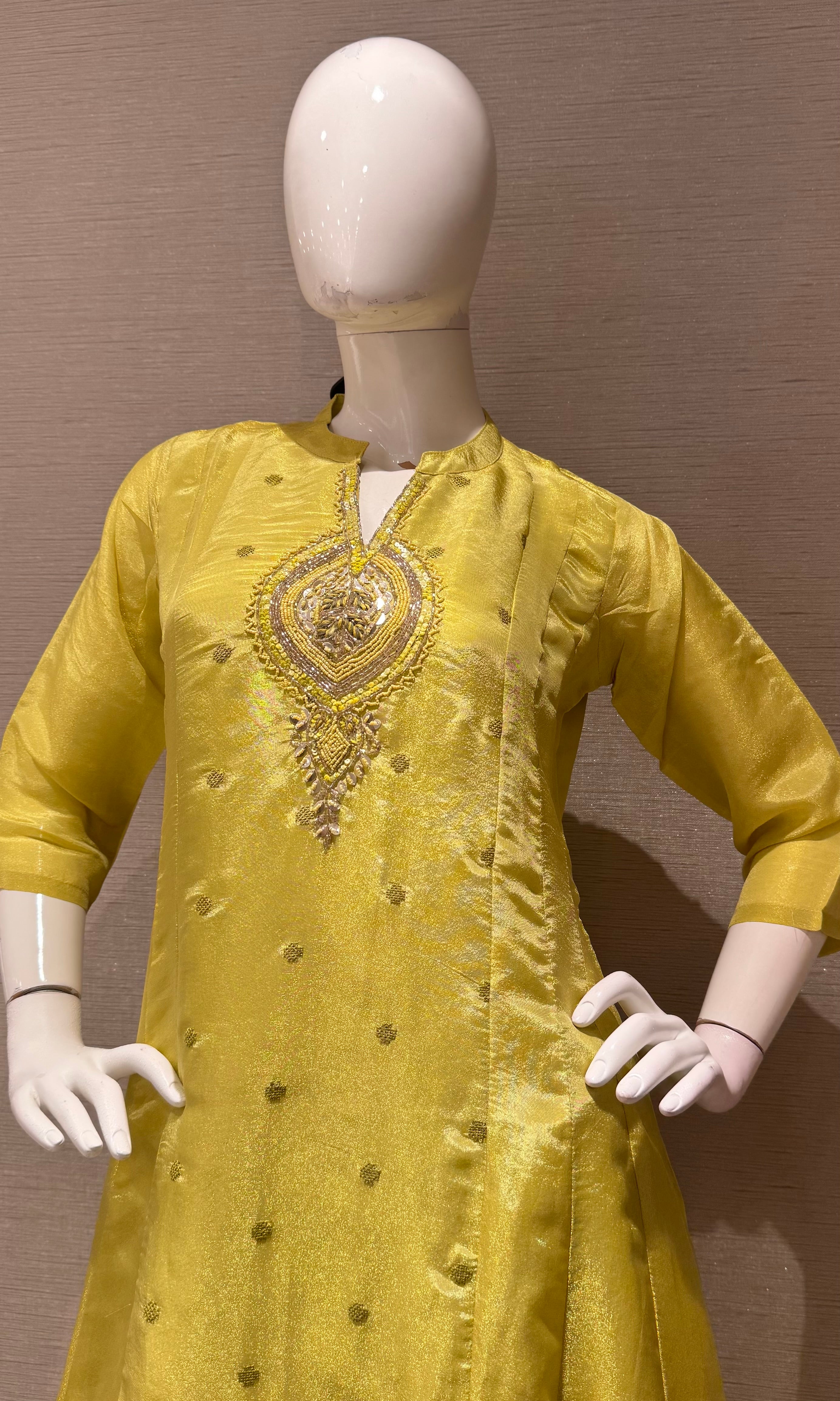 Yellow Silk Blend Ethnic a line Kurta set