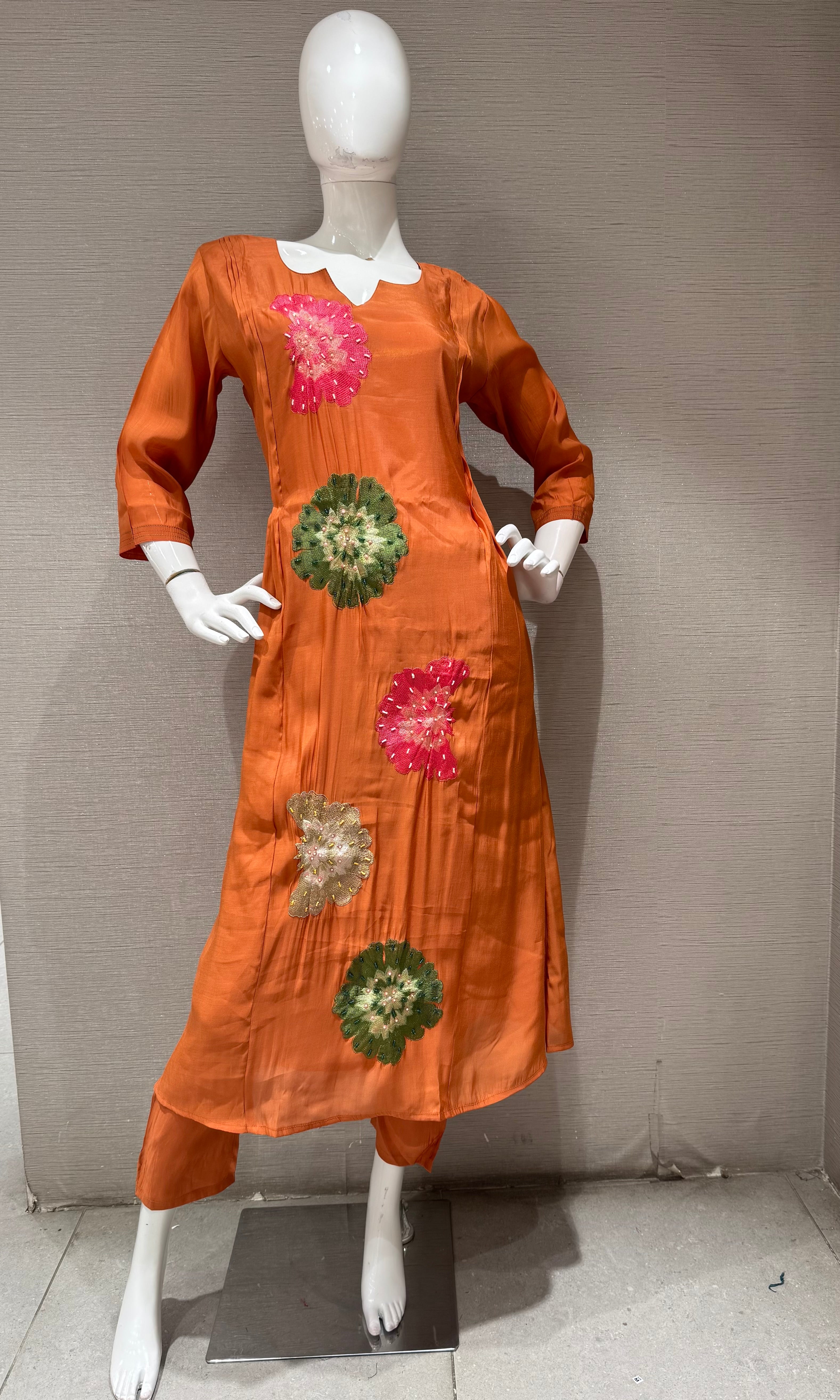 Rust cotton silk Floral Motif Kurta set with dupatta