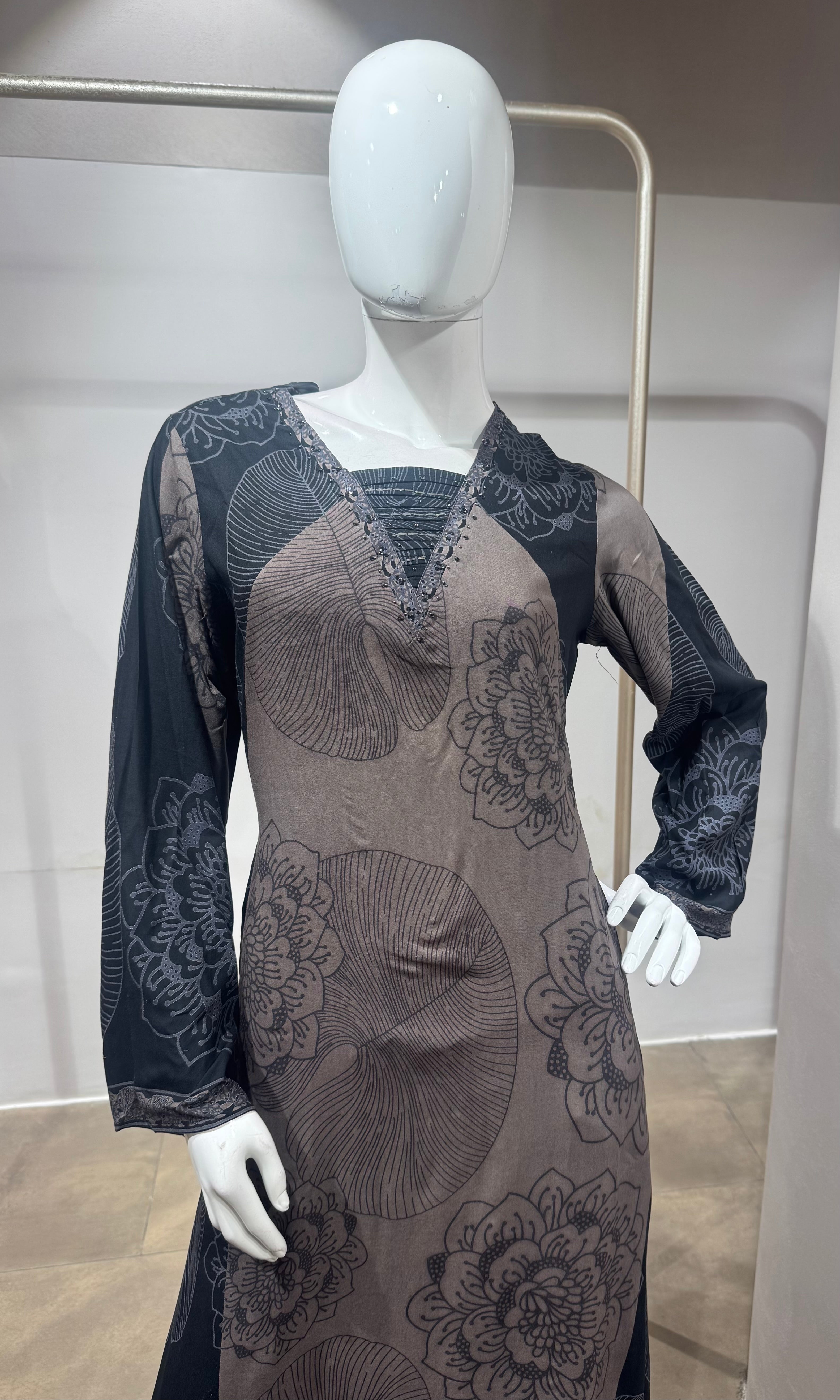Grey Charcoal Damask Layered Kurta Set