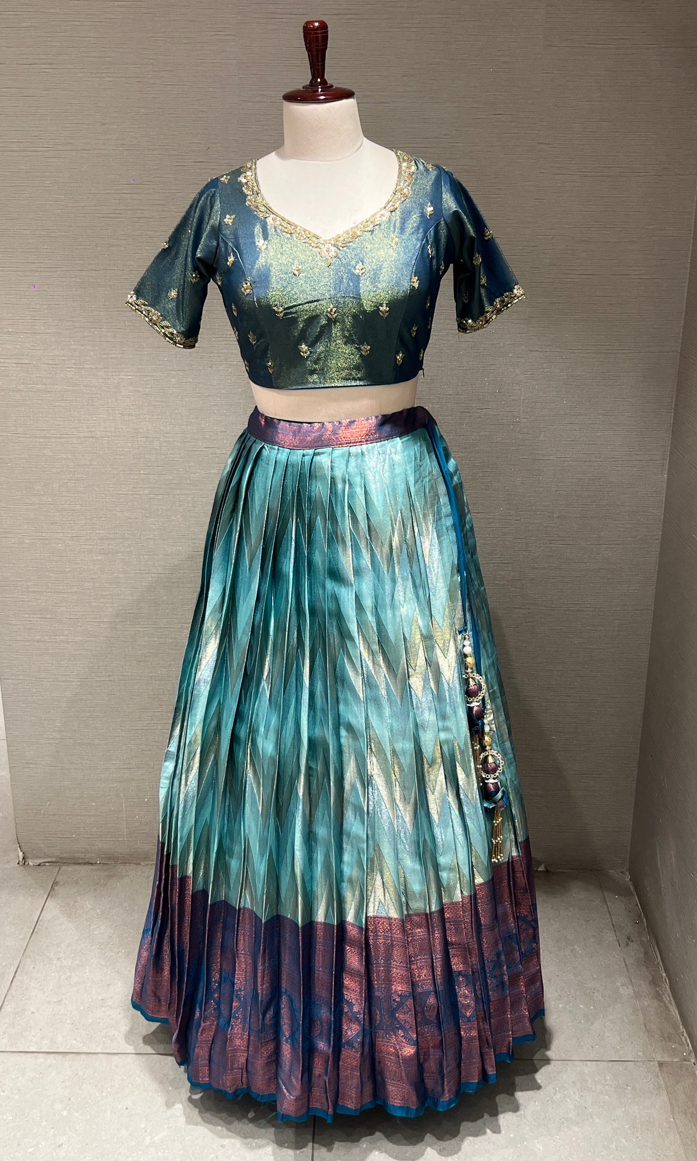 Blue Banarasi Lehenga with Navy Border