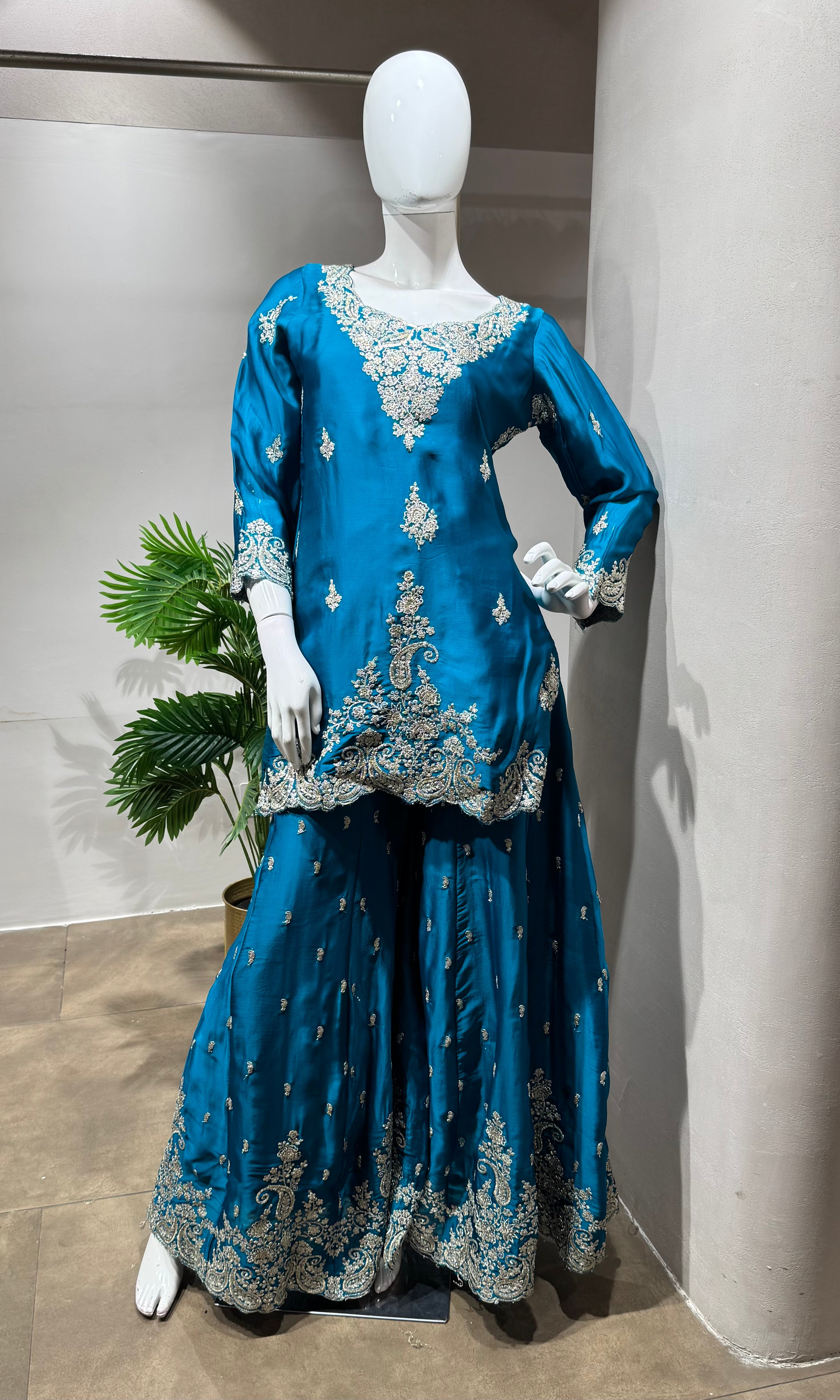 rama Designer Chinon Silk Embroidered Sharara Set