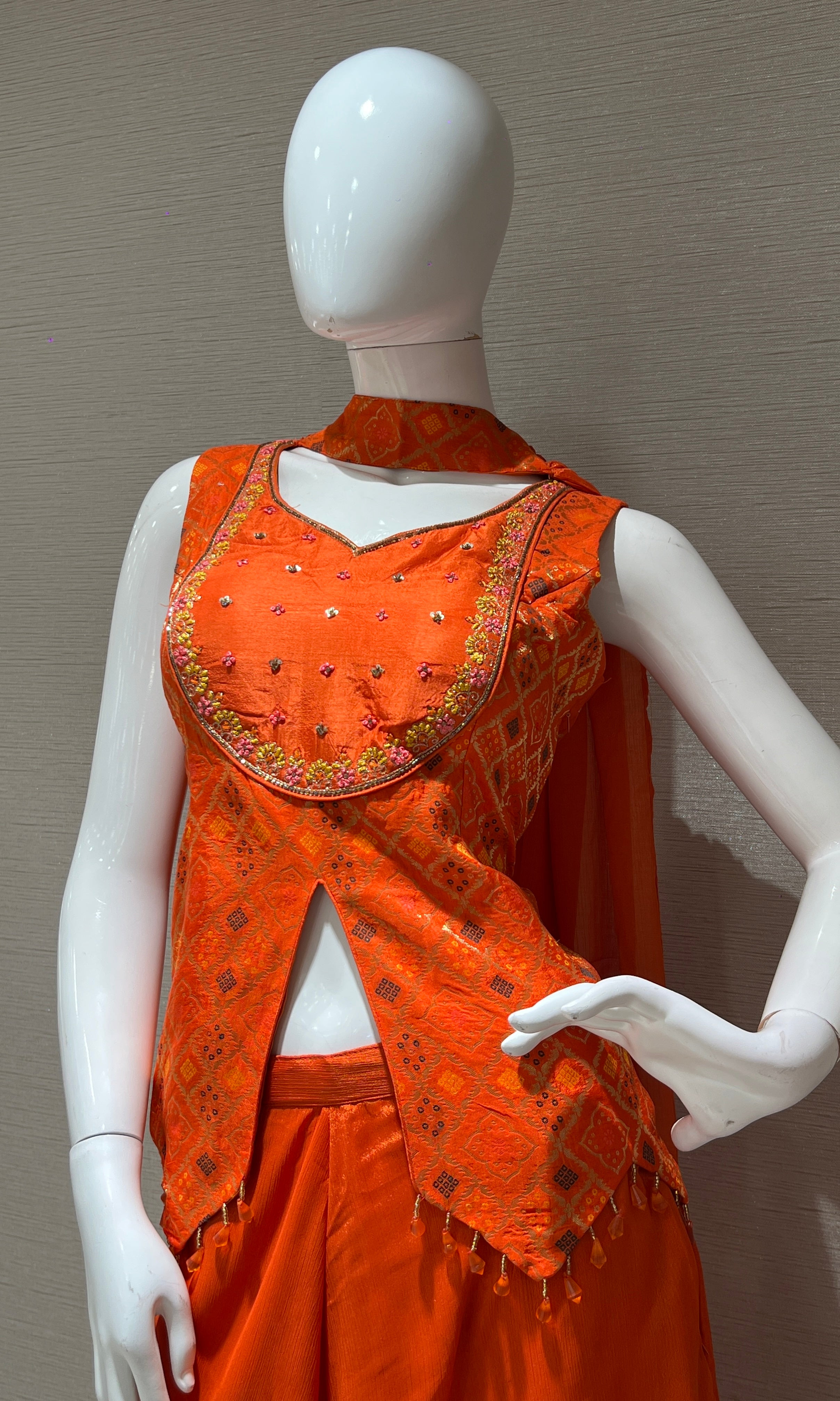 Orange shimmer tissue palazzo with designer top
