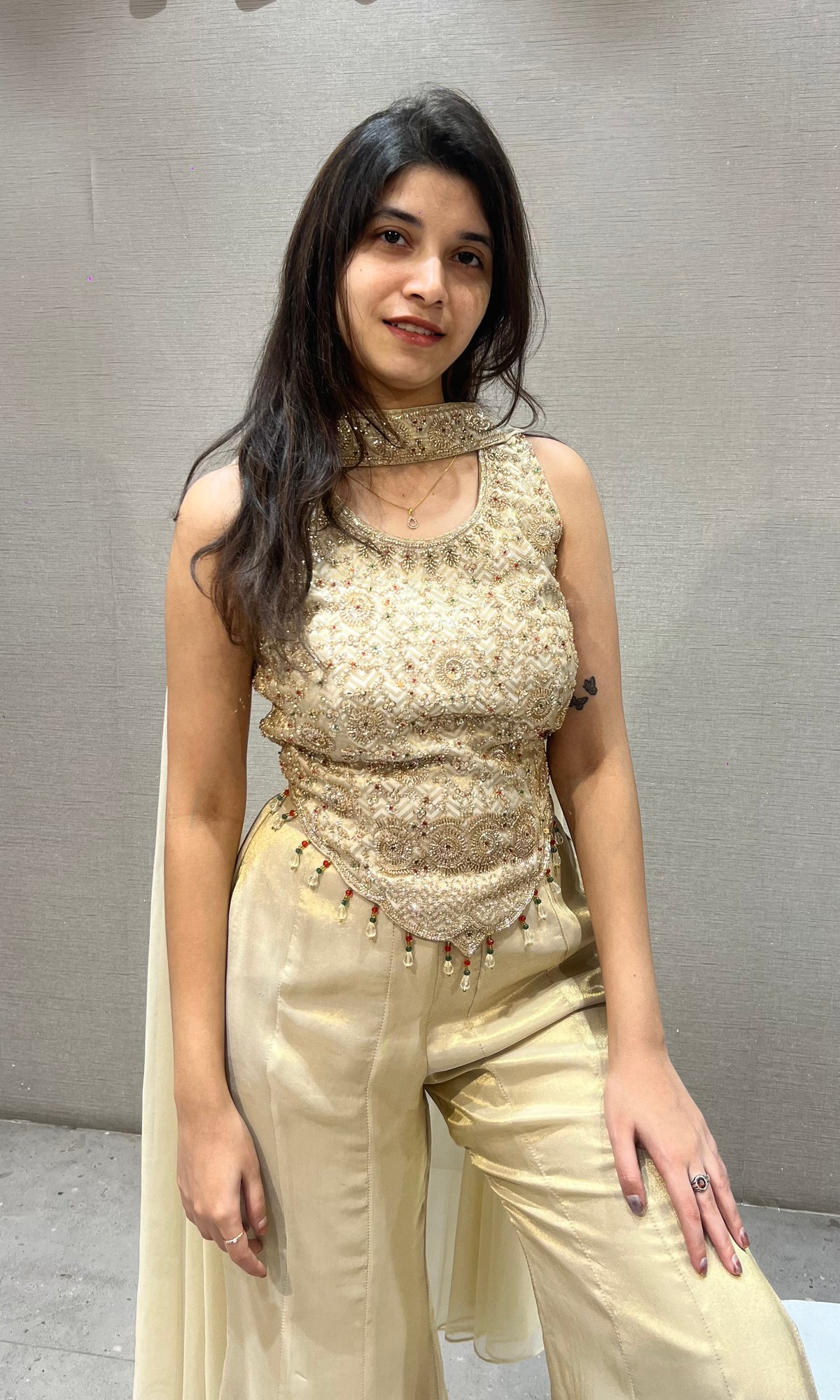 Cream Shimmer Tissue Short Blouse Palazzo Set