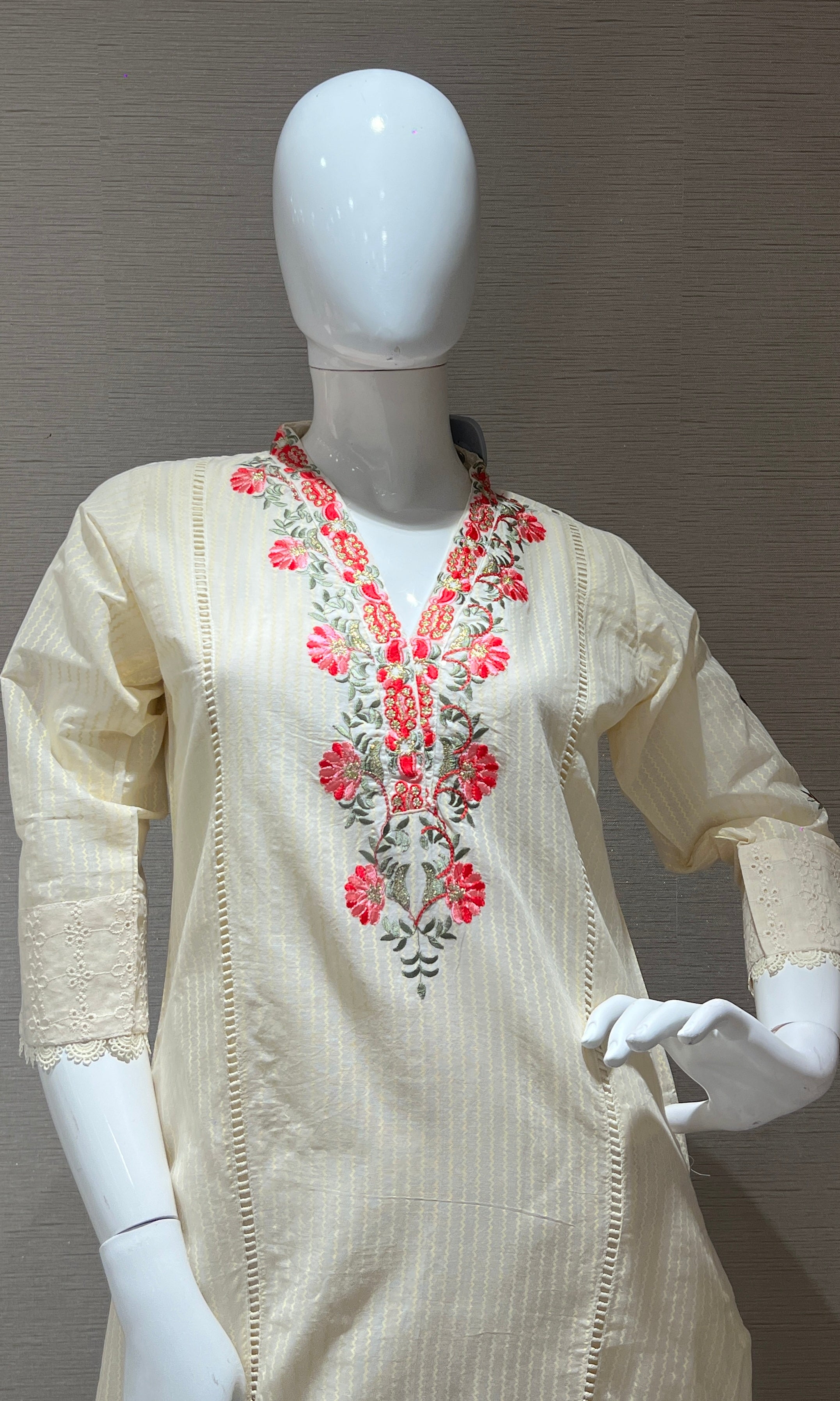 Cream Embroidered Kurta Set with Pink Dupatta