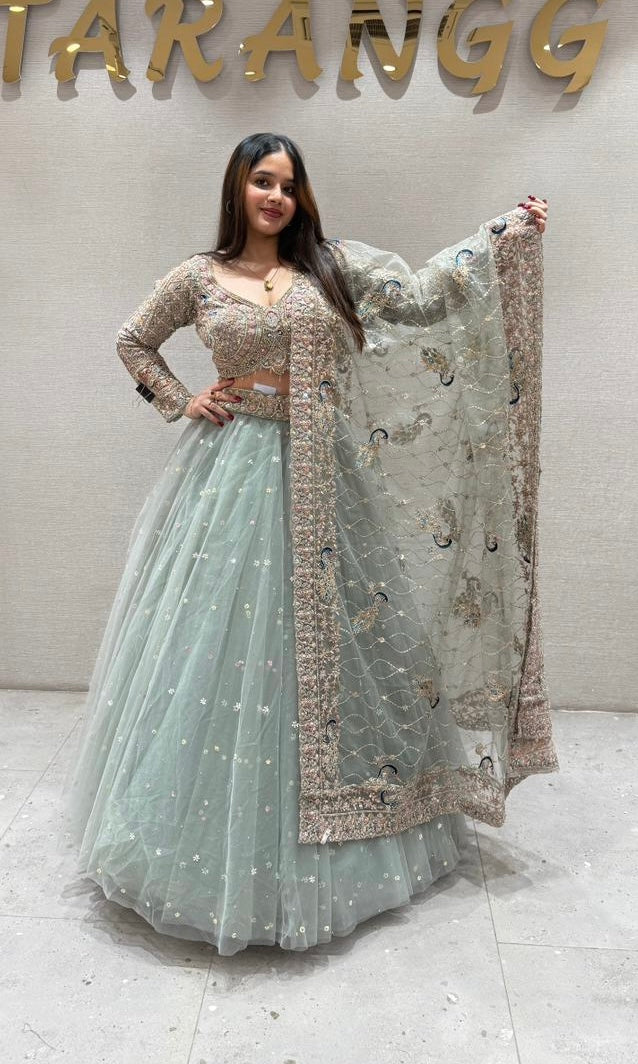 matcha green netted peacock Lehenga