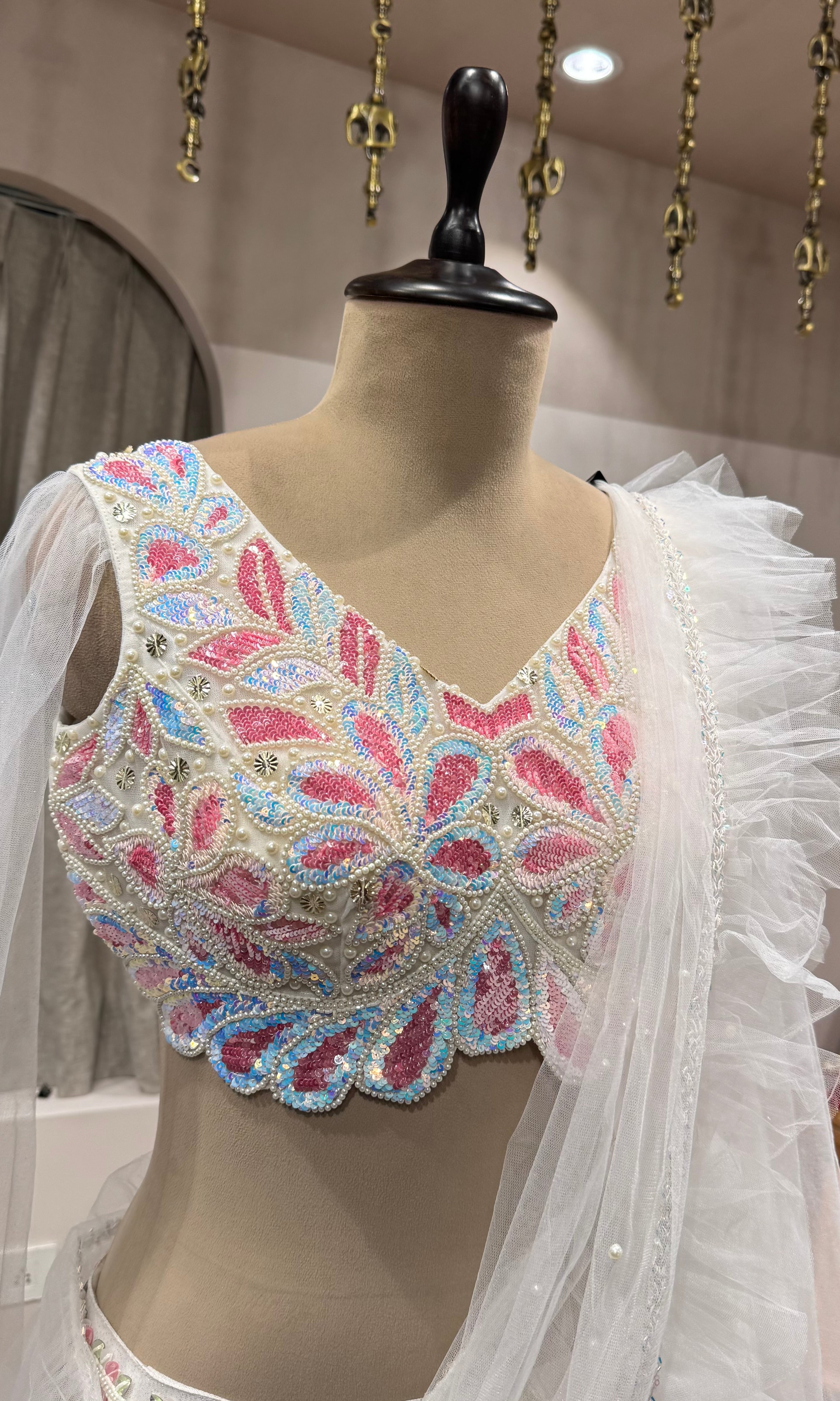 White Organza Lehenga with Pink Threadwork