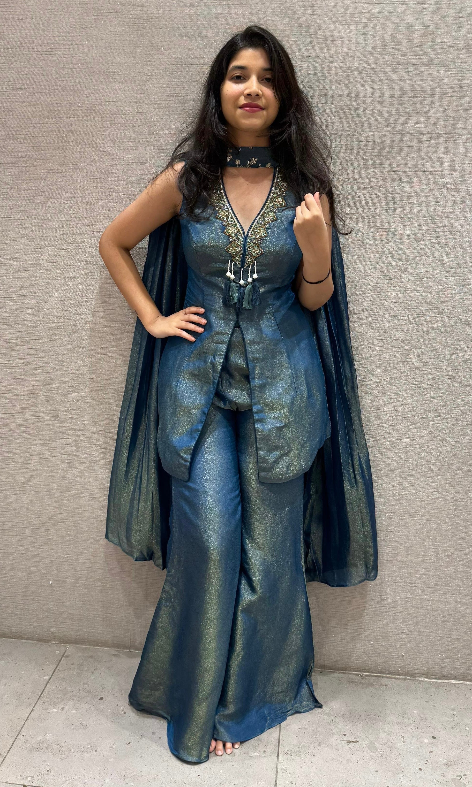 Midnight Teal Embroidered Indo-Western Co-ord Set