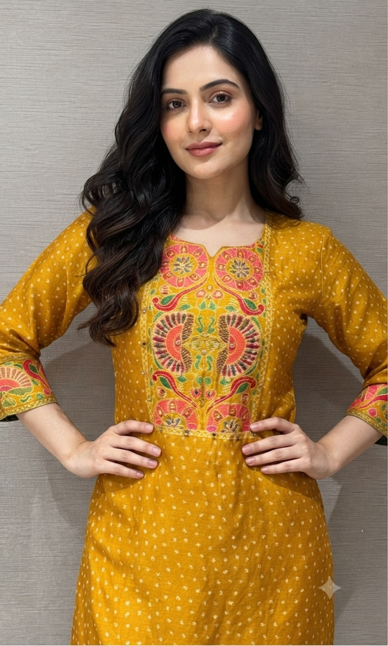 Mustard yellow floral embroidered kurta set