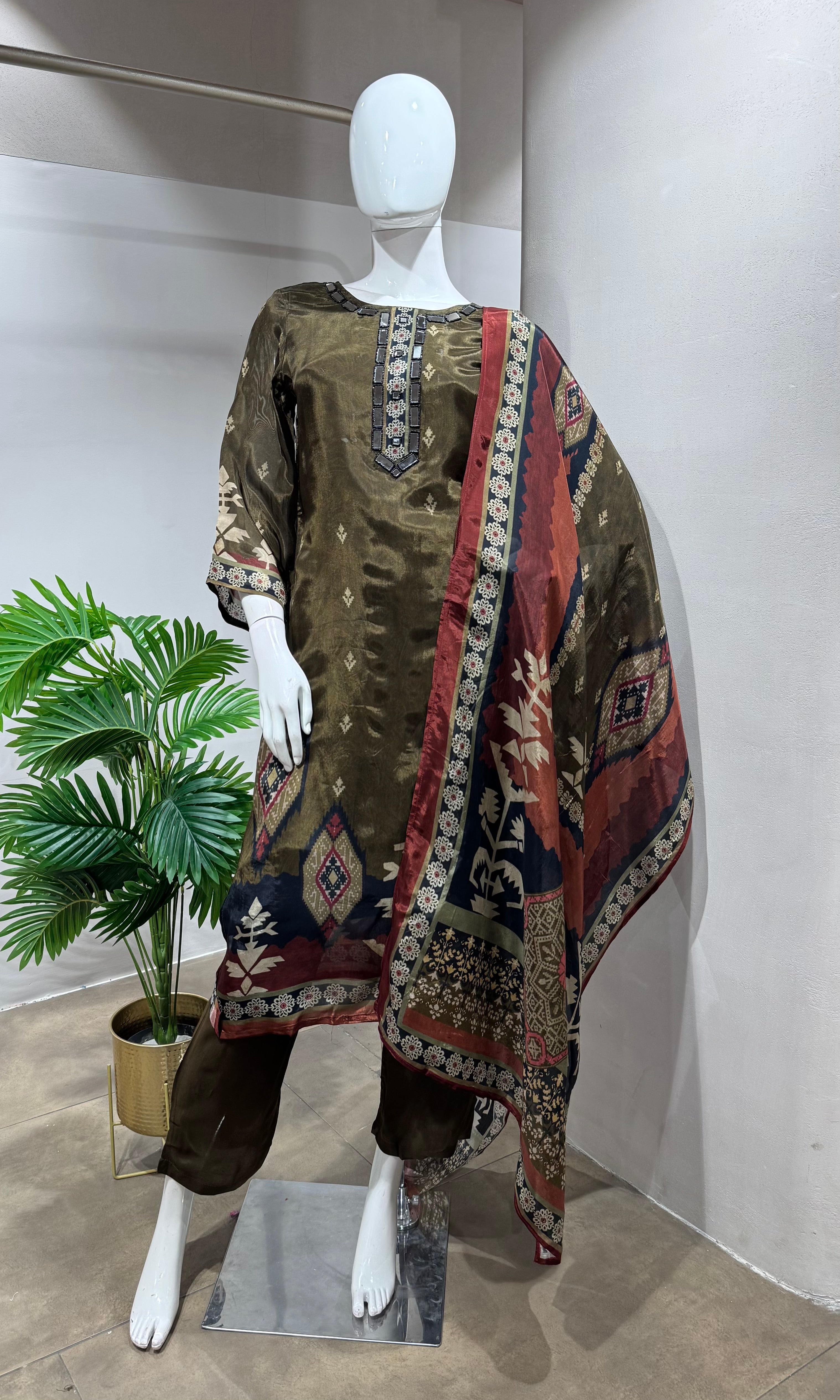brown Embroidered Kurta Set