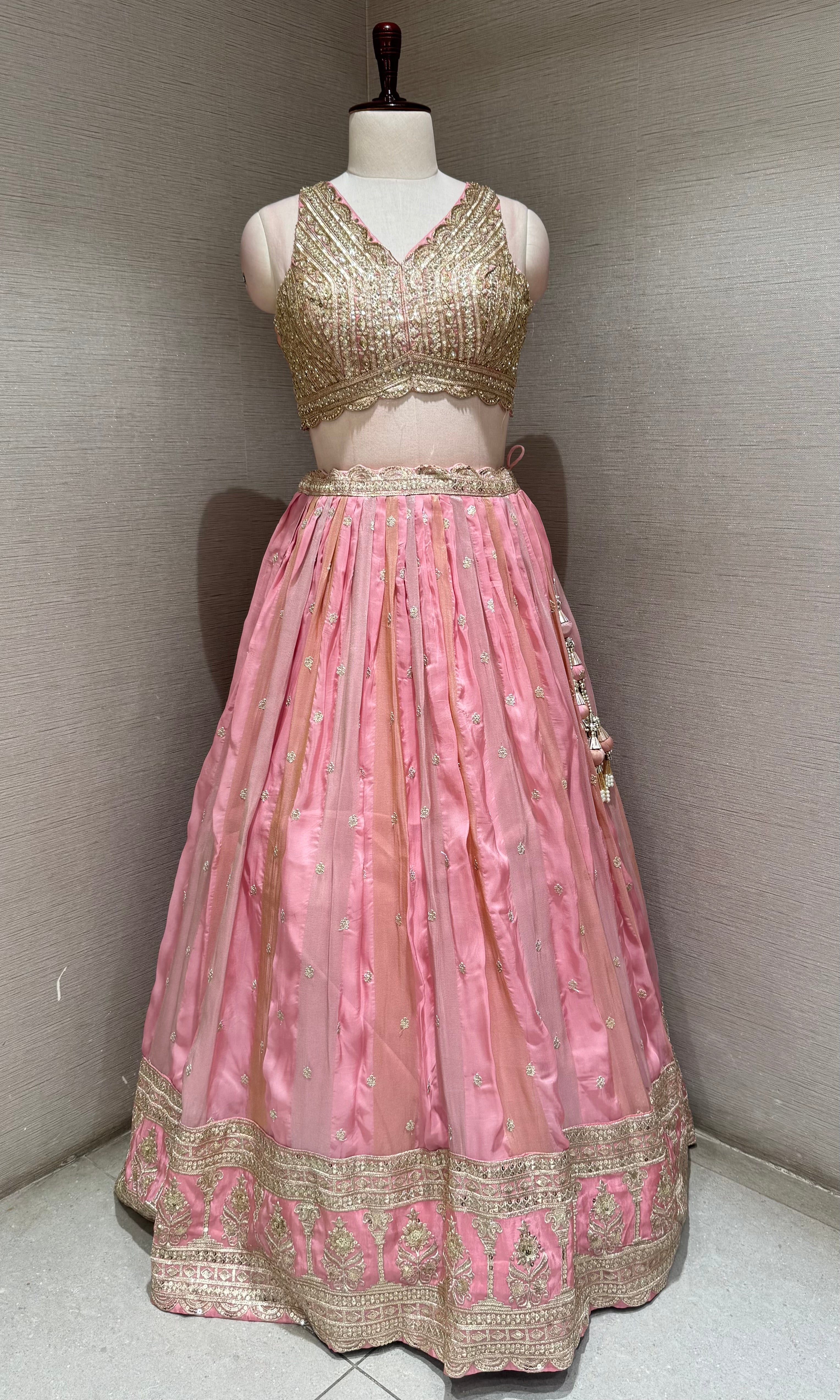 Blush Pink Silk Lehenga Set with Intricate Gold Borders