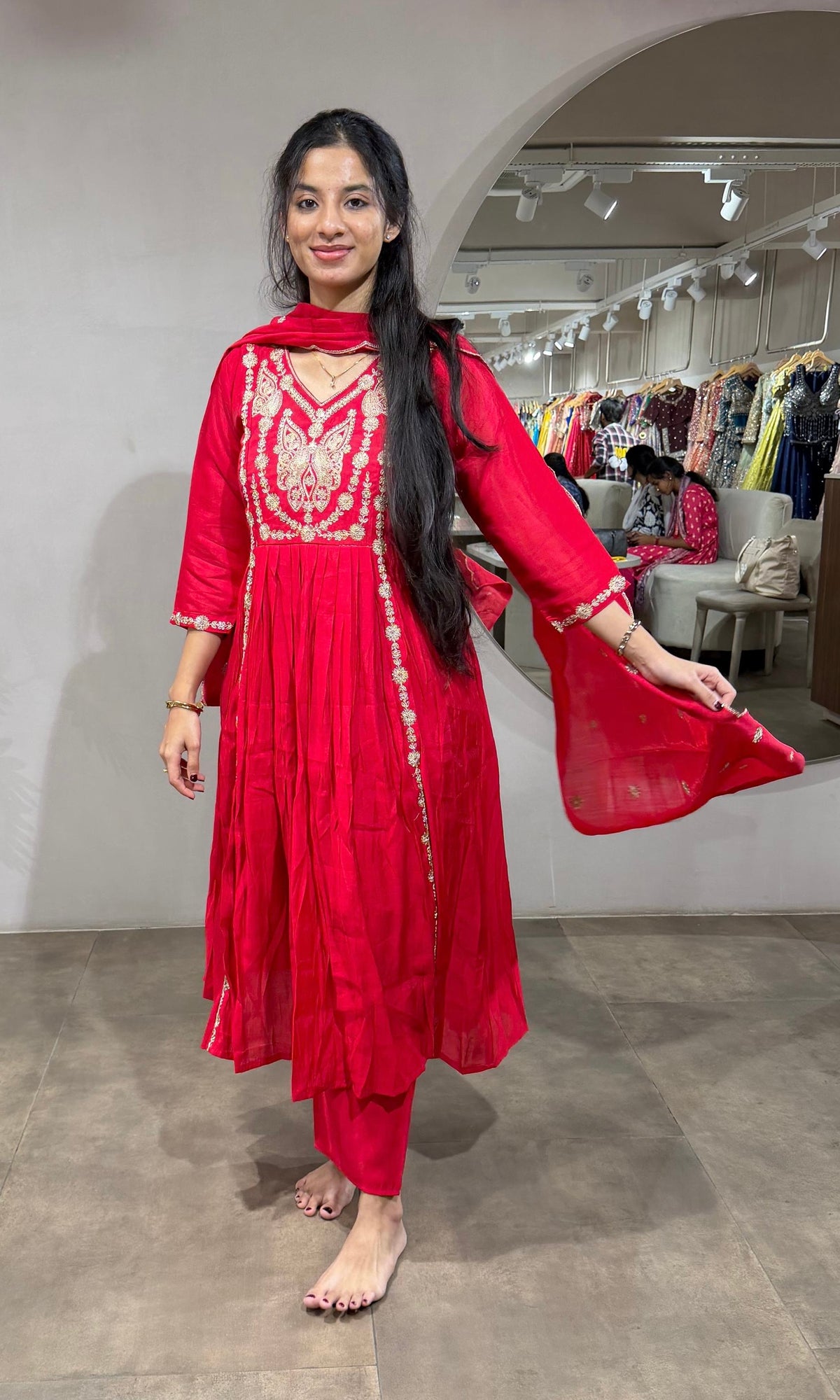 Rani Embroidered A line Kurta Set with Dupatta