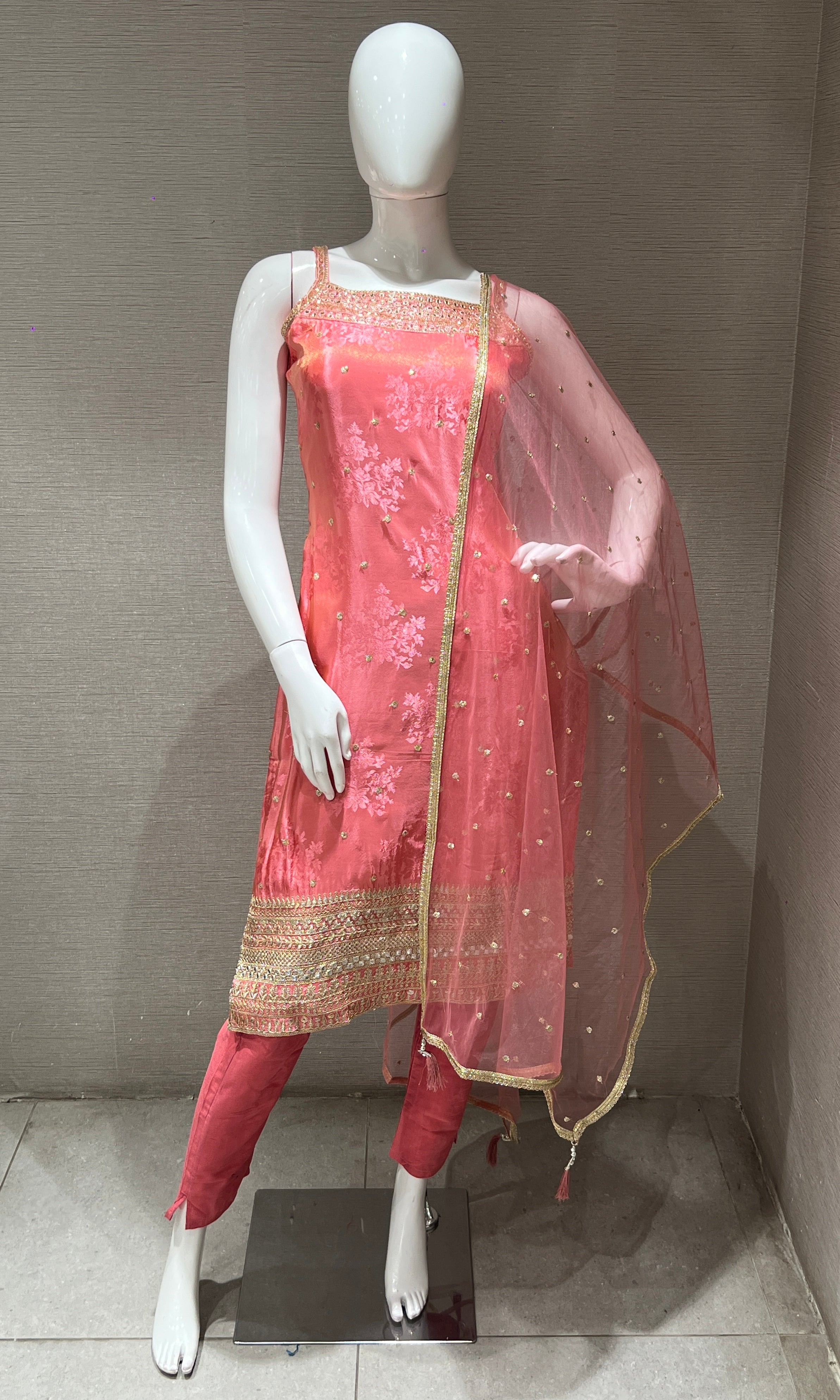 Baby pink and Gold Embroidered kurta set