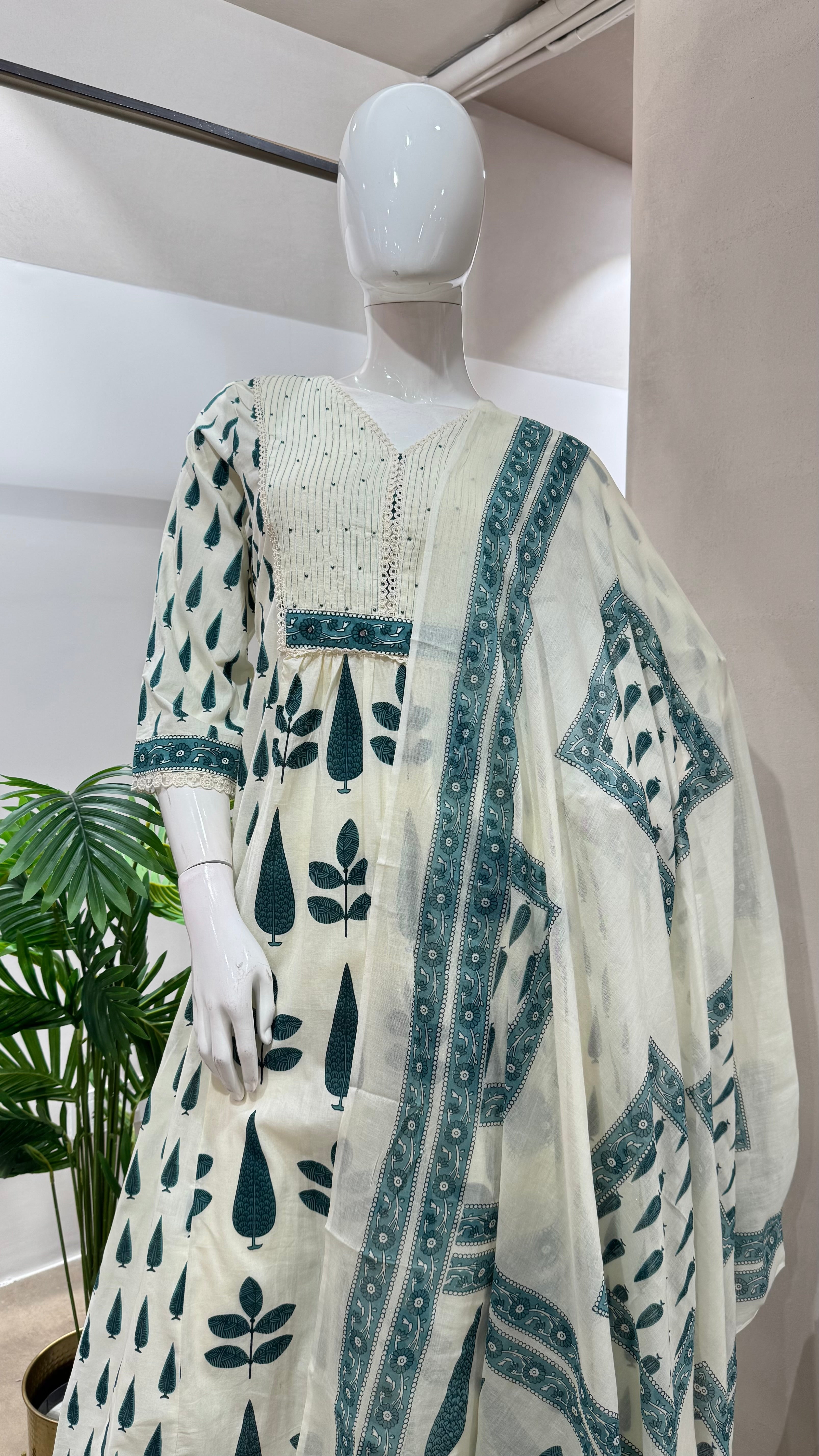 GREEN and white ethnic printed anarkali set