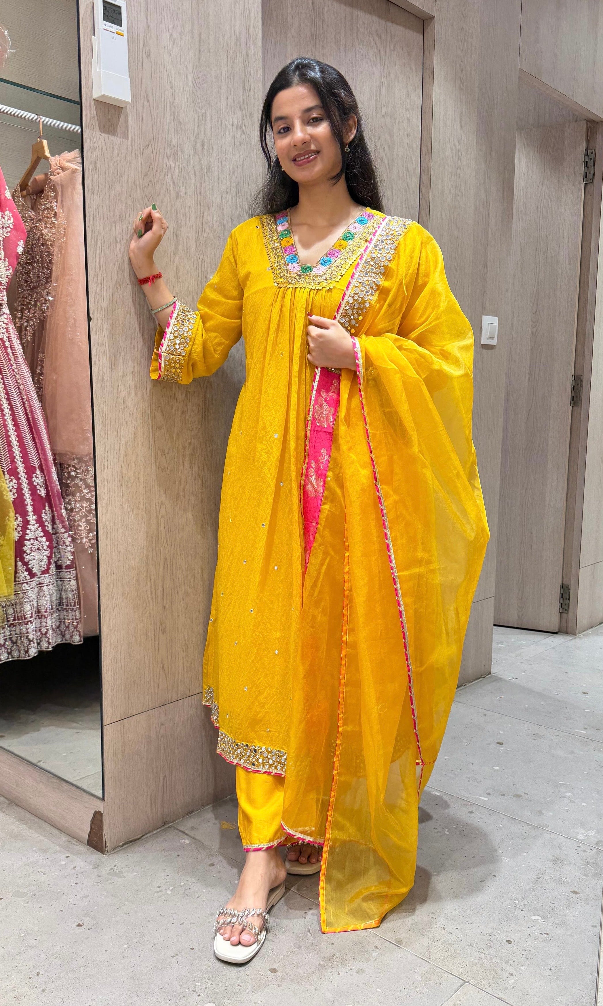 Yellow FLORAL NECK A LINE kurta set