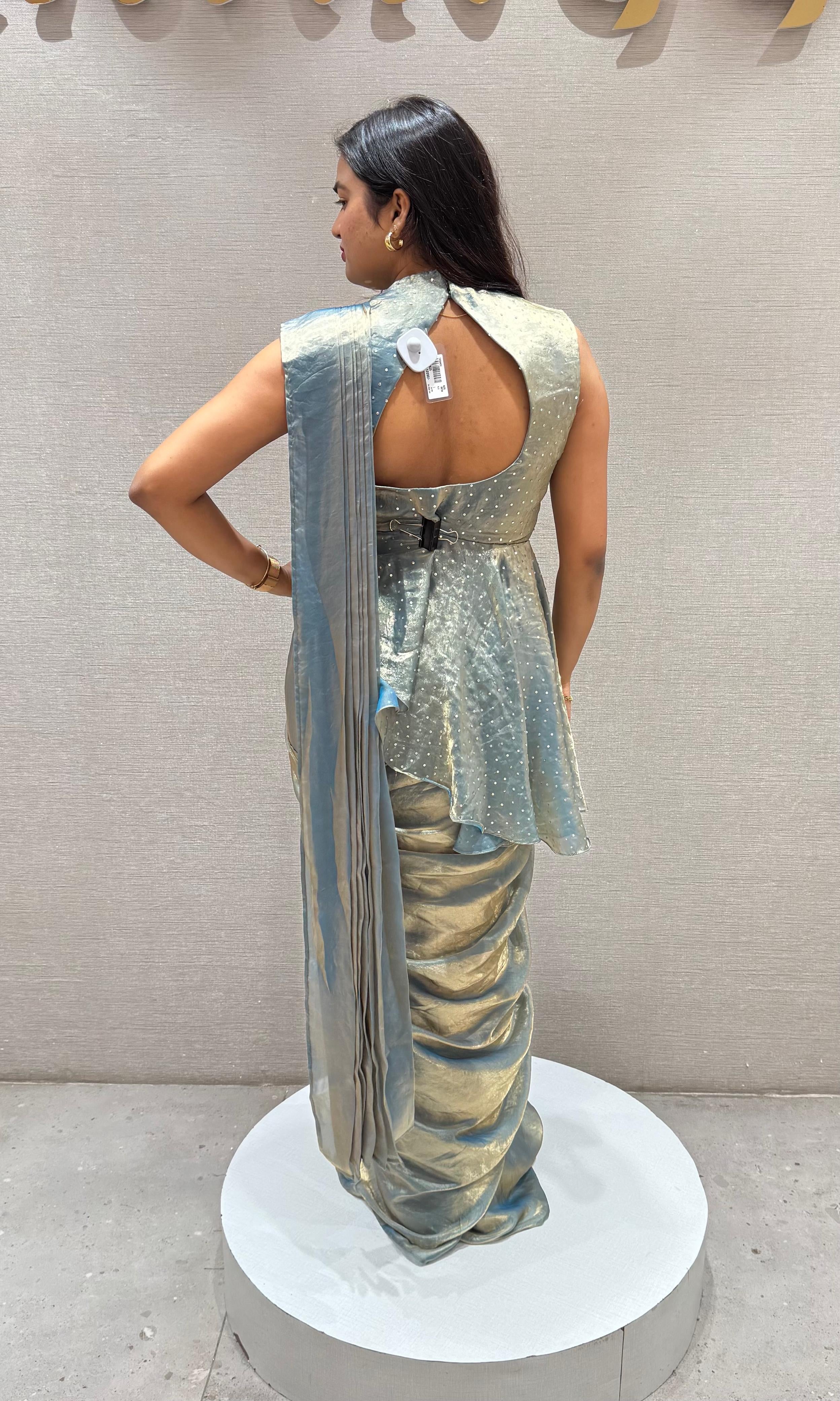 Blue PEPLUM STYLE DRAPE SAREE