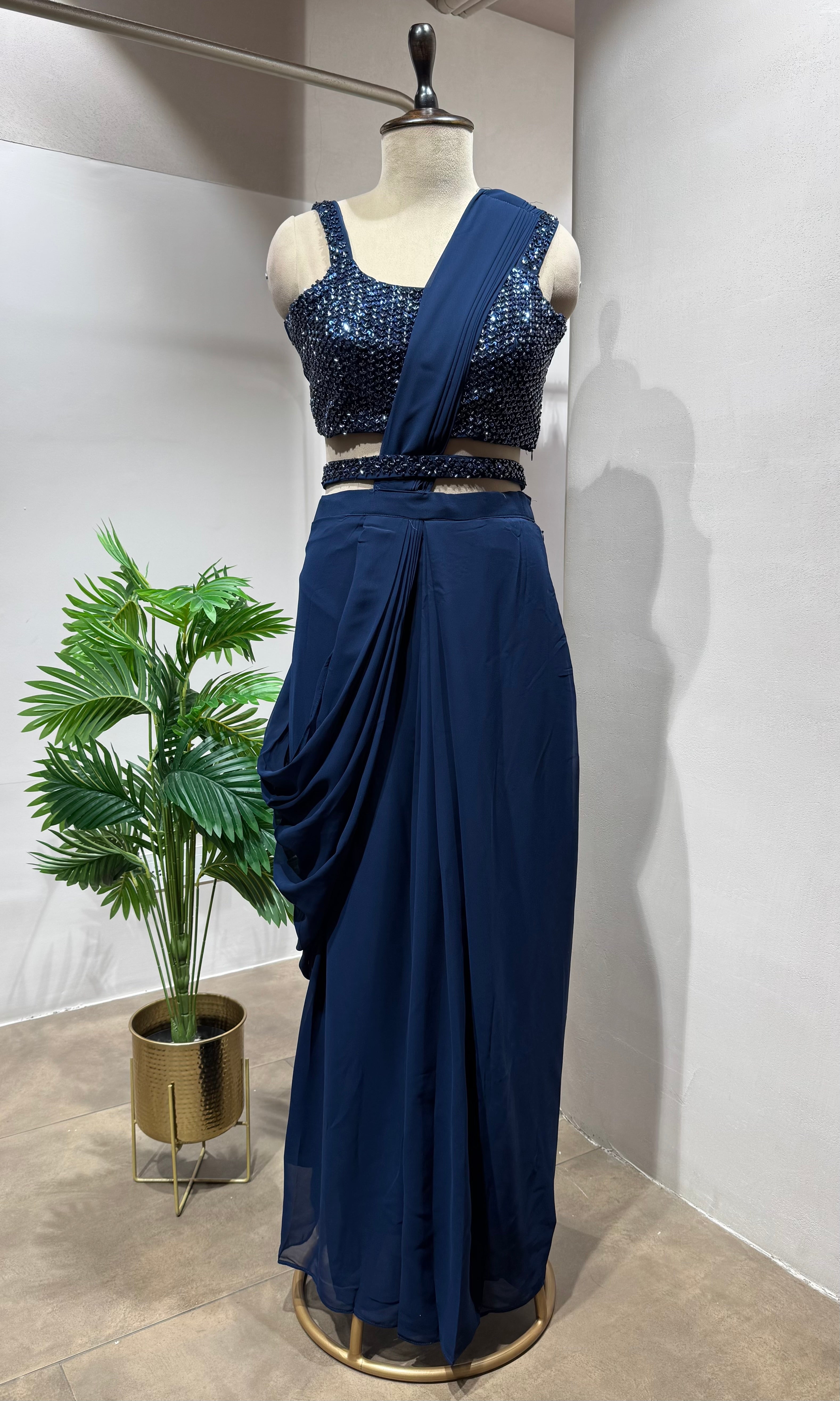 navy blue pre-draped saree with blouse & belt