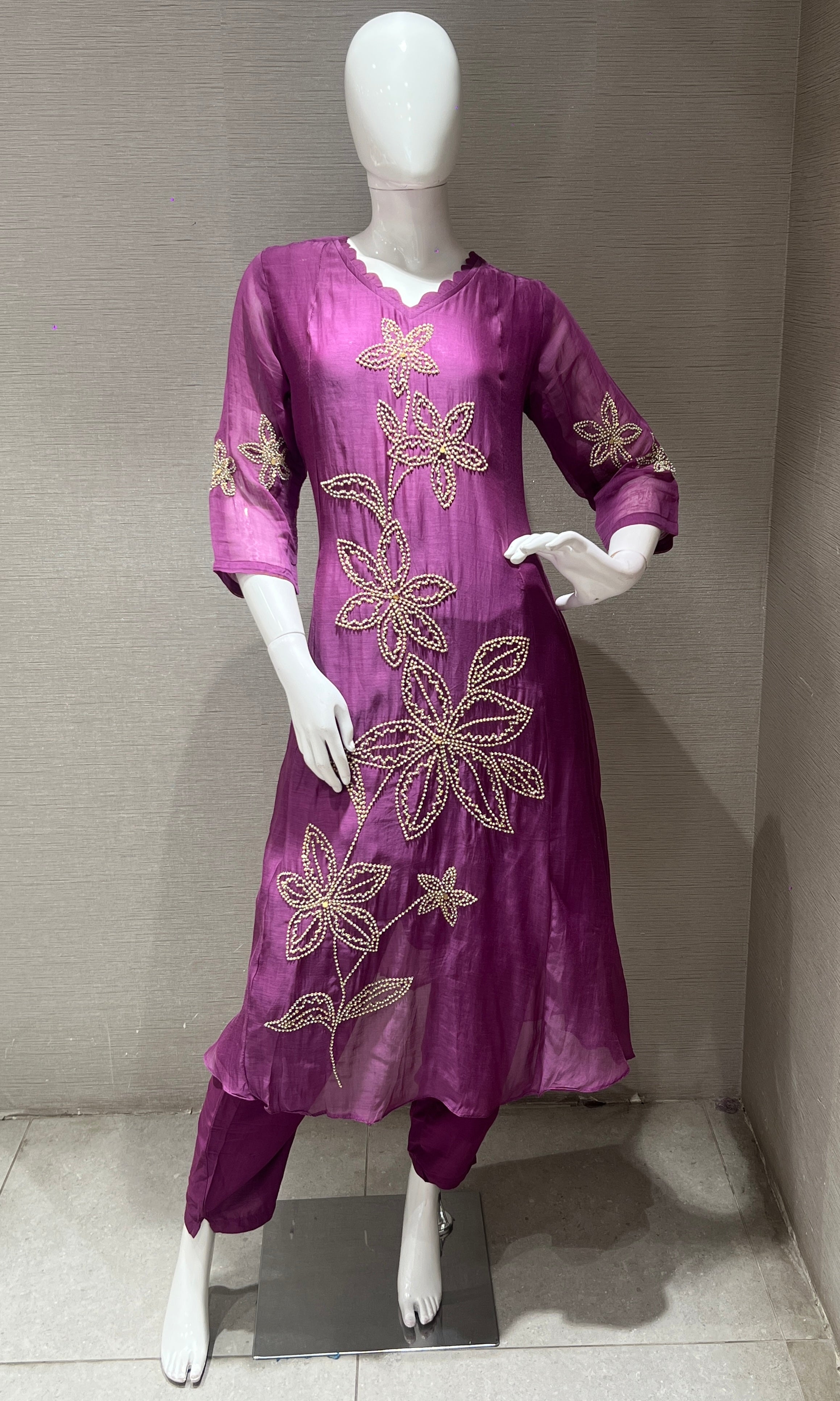 Purple Floral Embroidered kurta set