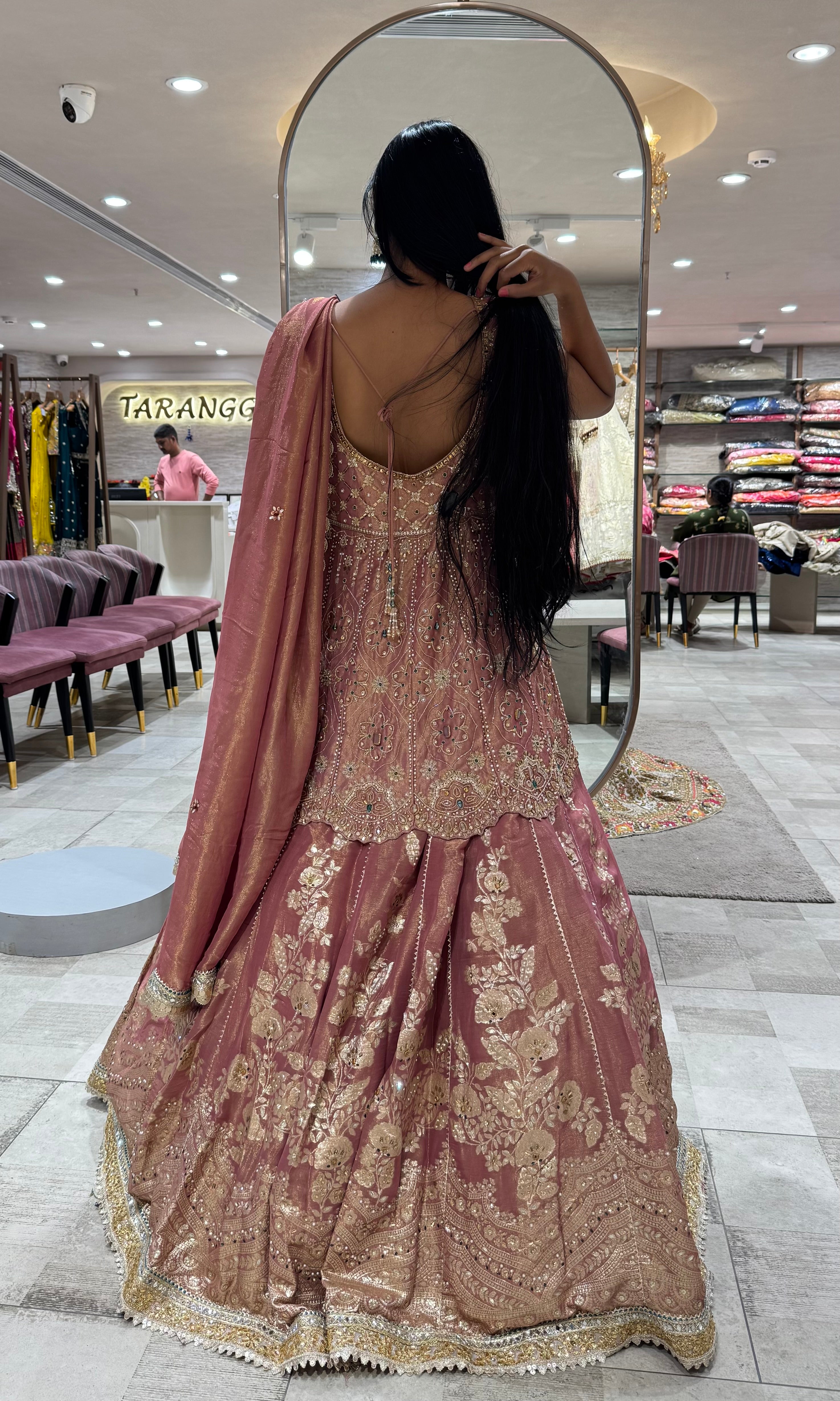 0NION PINK GOLDEN FLORAL EMBROIDERED LEHENGA