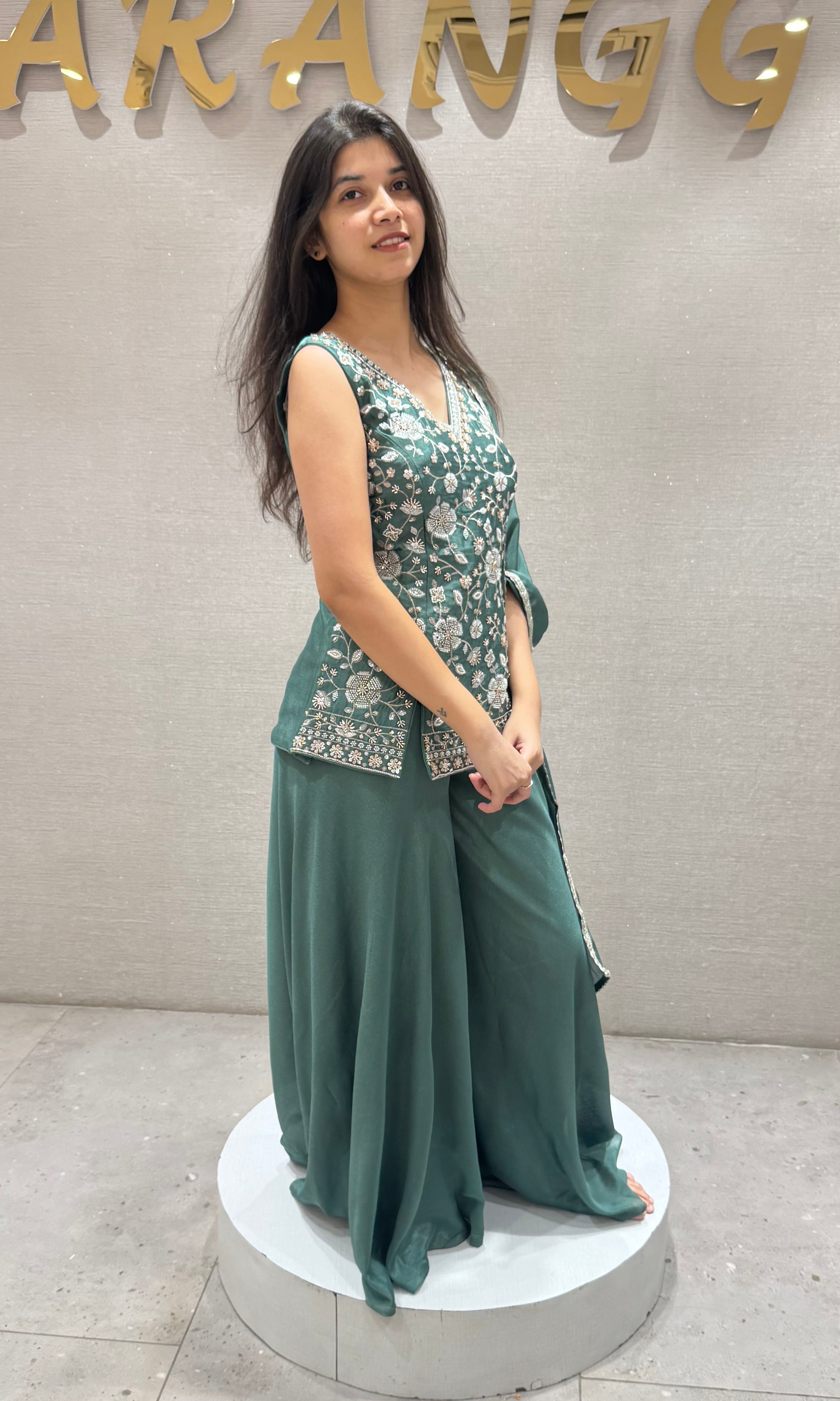 Green Peplum Sharara Set with Floral Embroidery