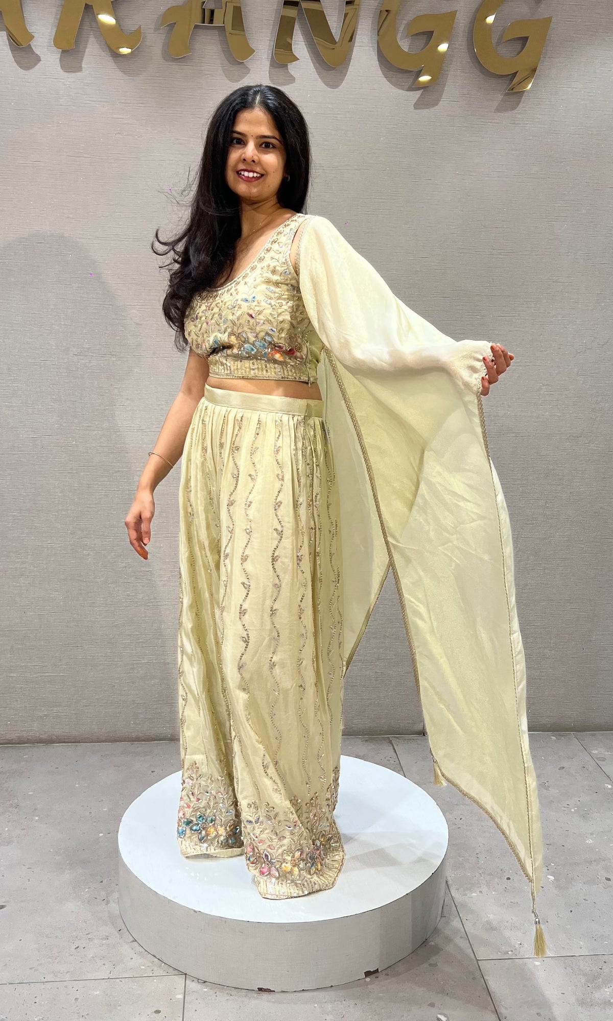 Half white Embroidered Tissue silk Crop Top Palazzo Set with Dupatta