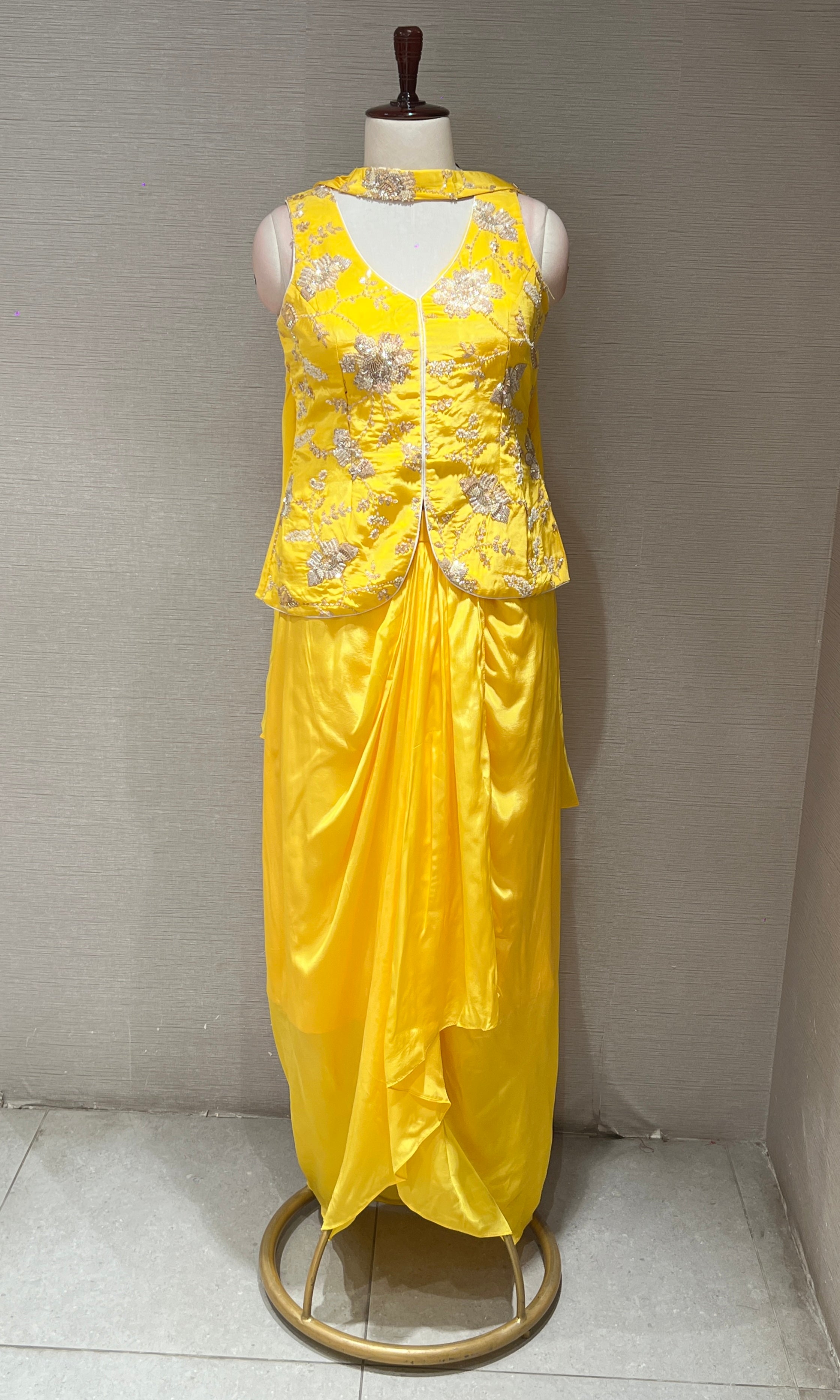 Sunshine Yellow Embroidered Jacket Dhoti Set