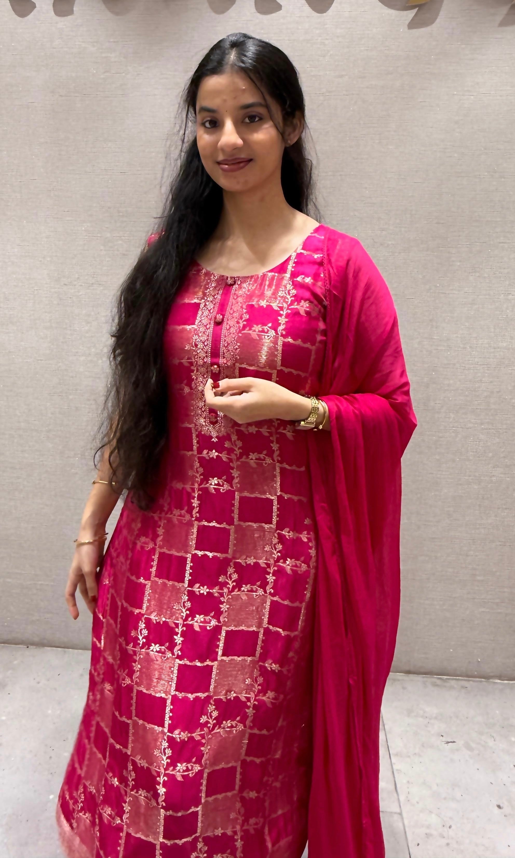 Rani Pink Silk Embroidered Zari Kurta Set