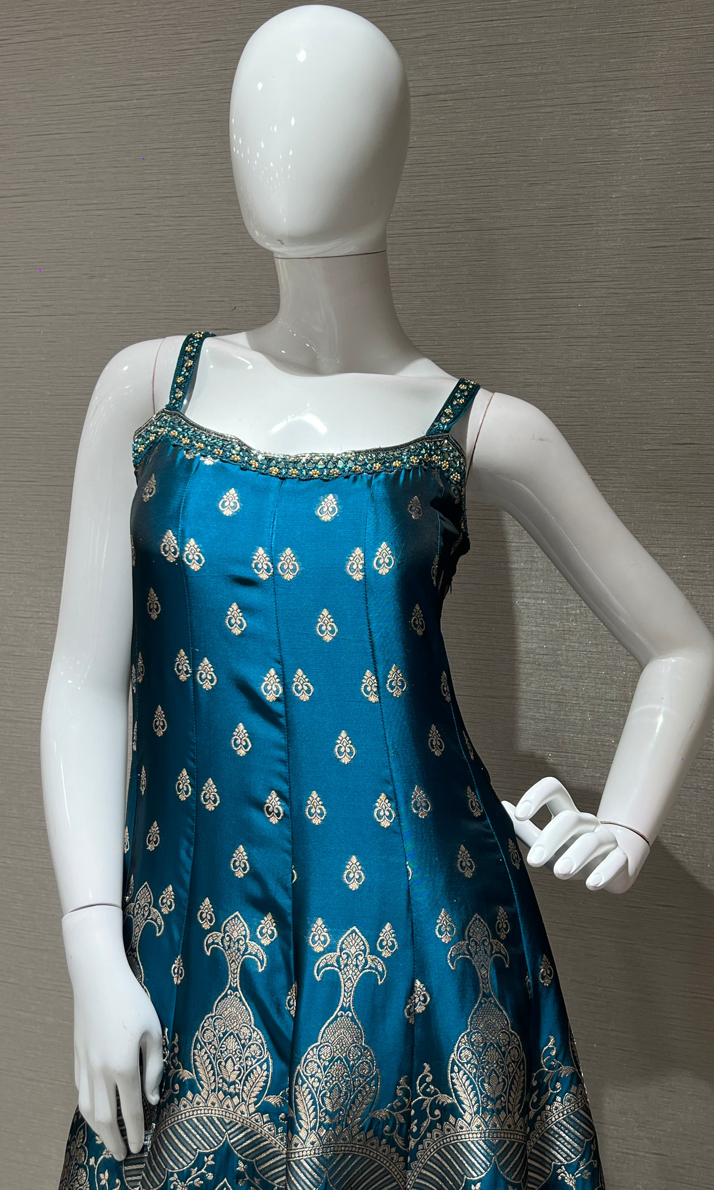 Rama Blue Anarkali with Gold Print embroidery