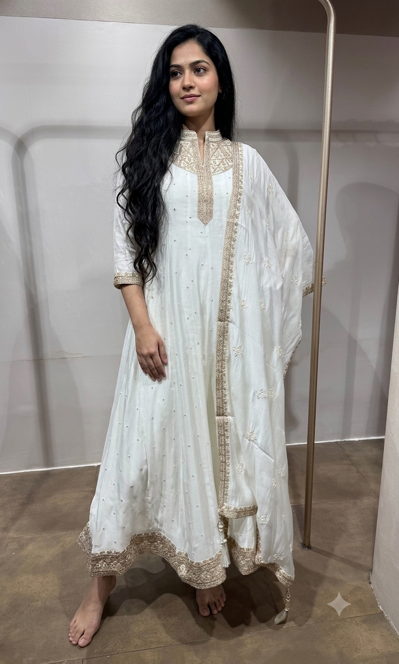 White Golden Embroidered Anarkali set