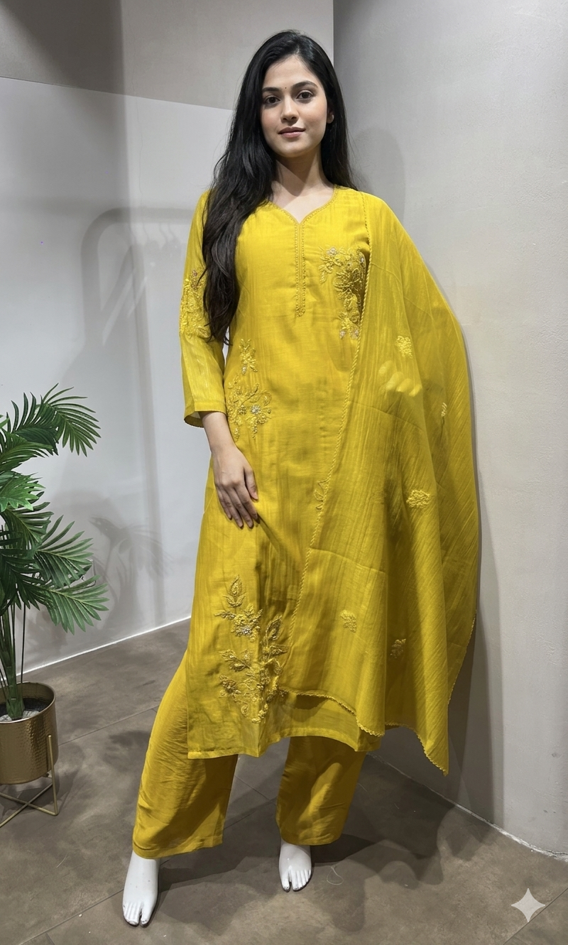 Yellow Floral gold embroidery kurta set
