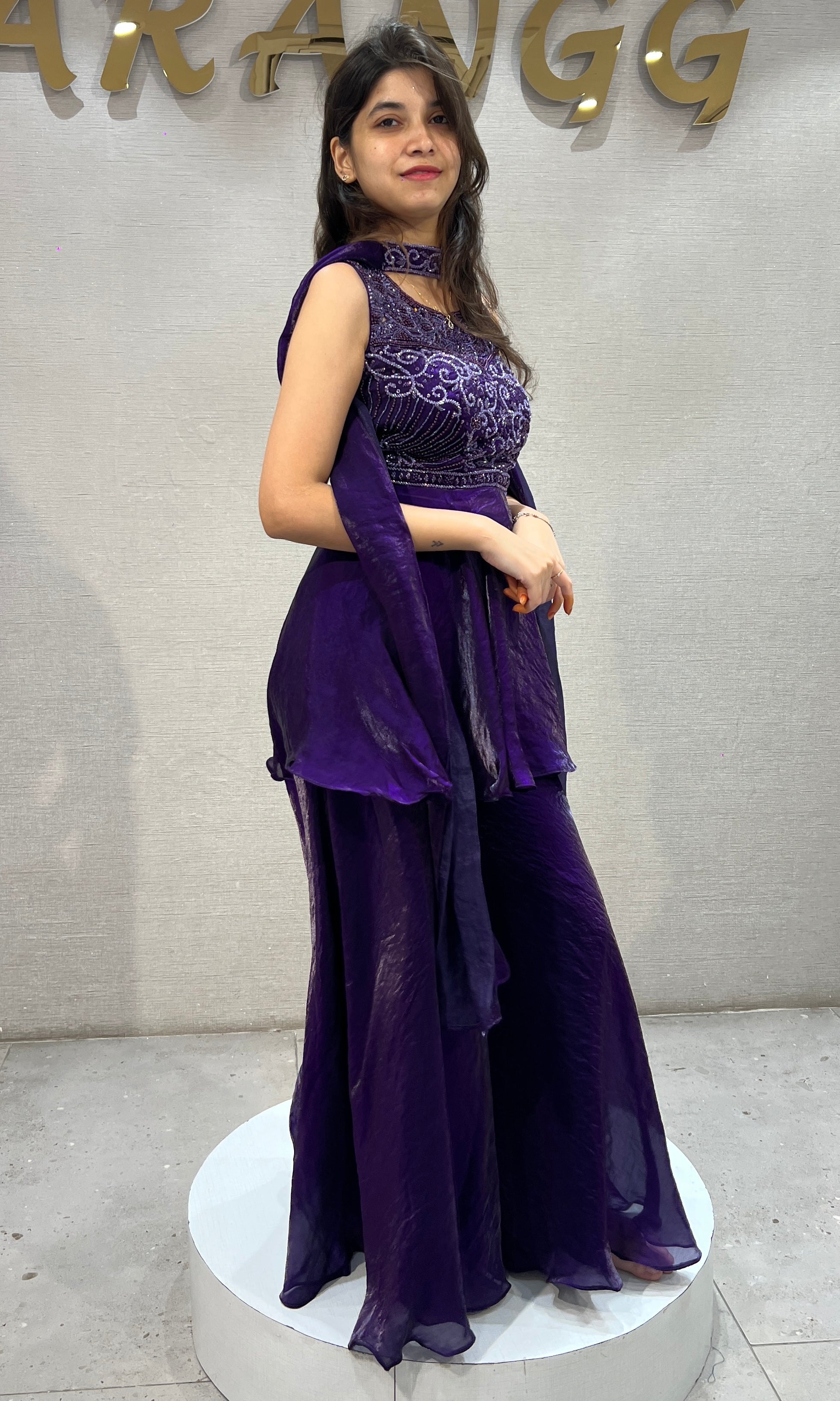 Purple Peplum Top with Flared Palazzo & Choker Dupatta Set