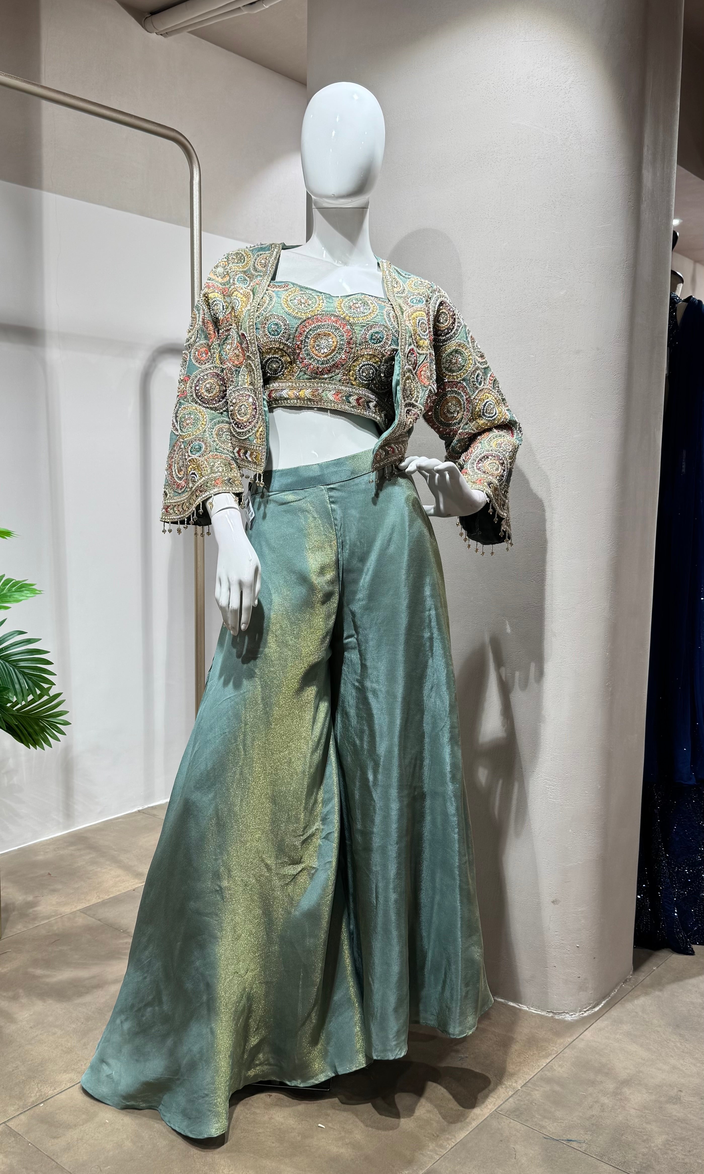 Sea blue Tissue Indo-Western Palazzo Set