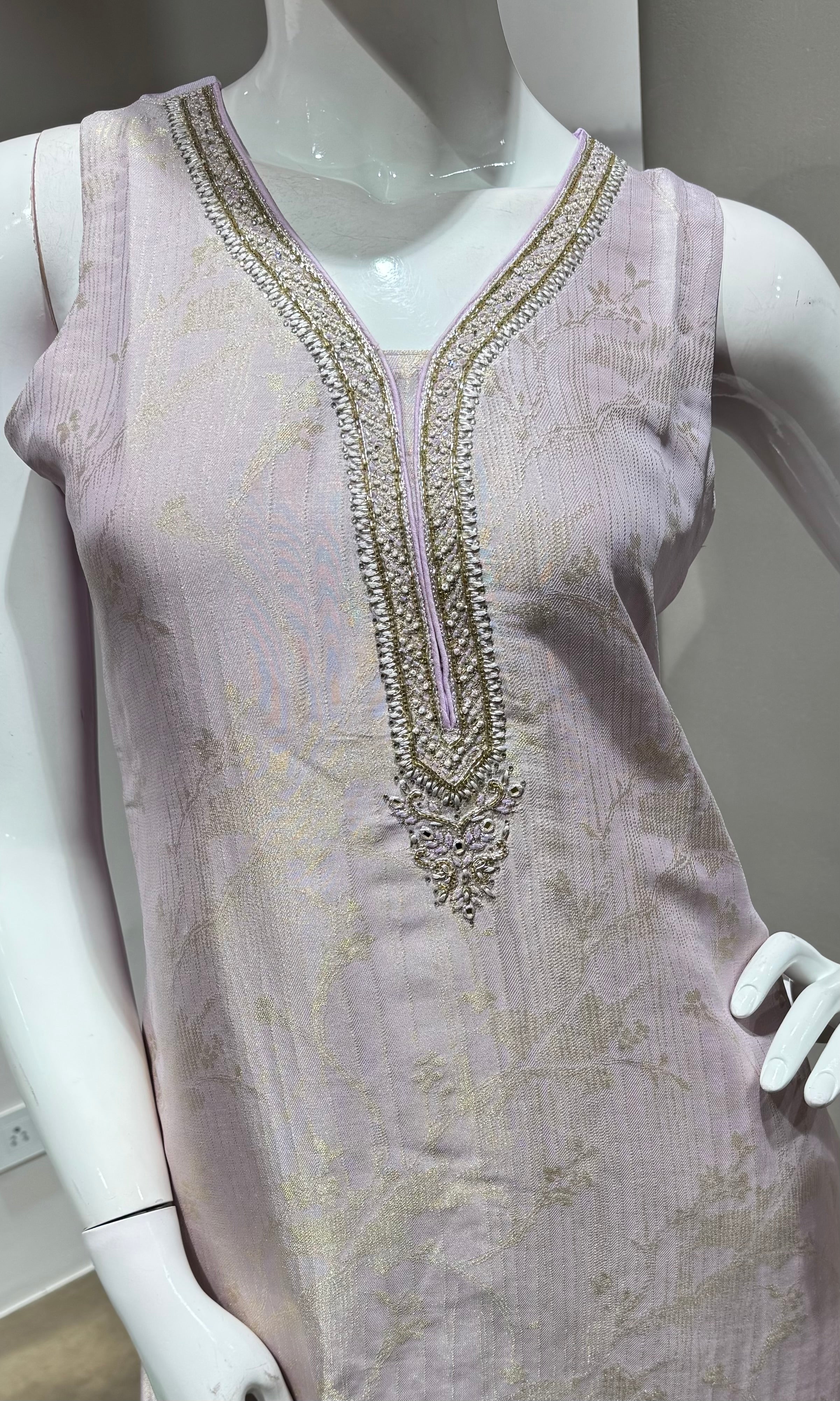 lilac silk kurta set with gold embroidery