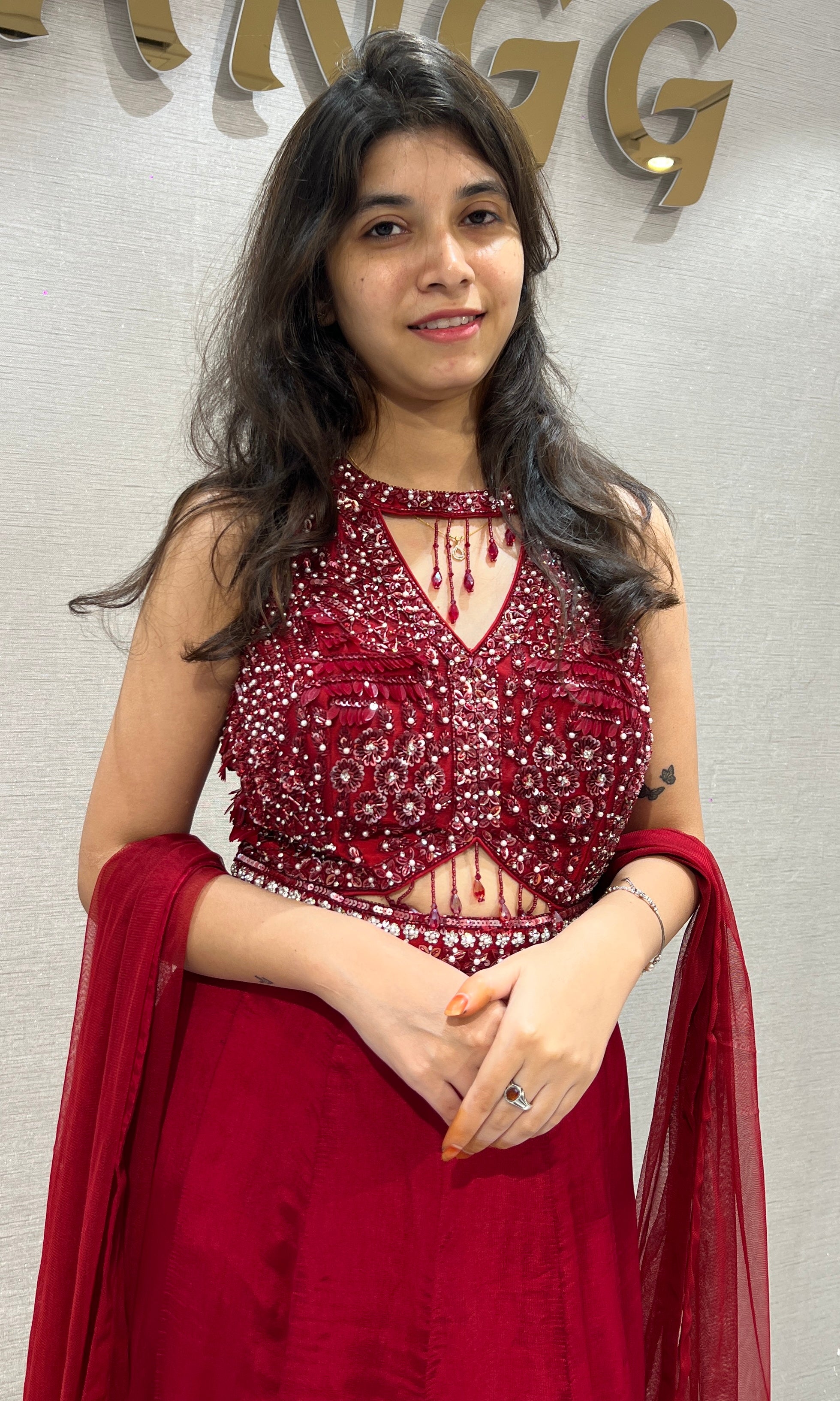 Red Halter Embellished Anarkali Frock