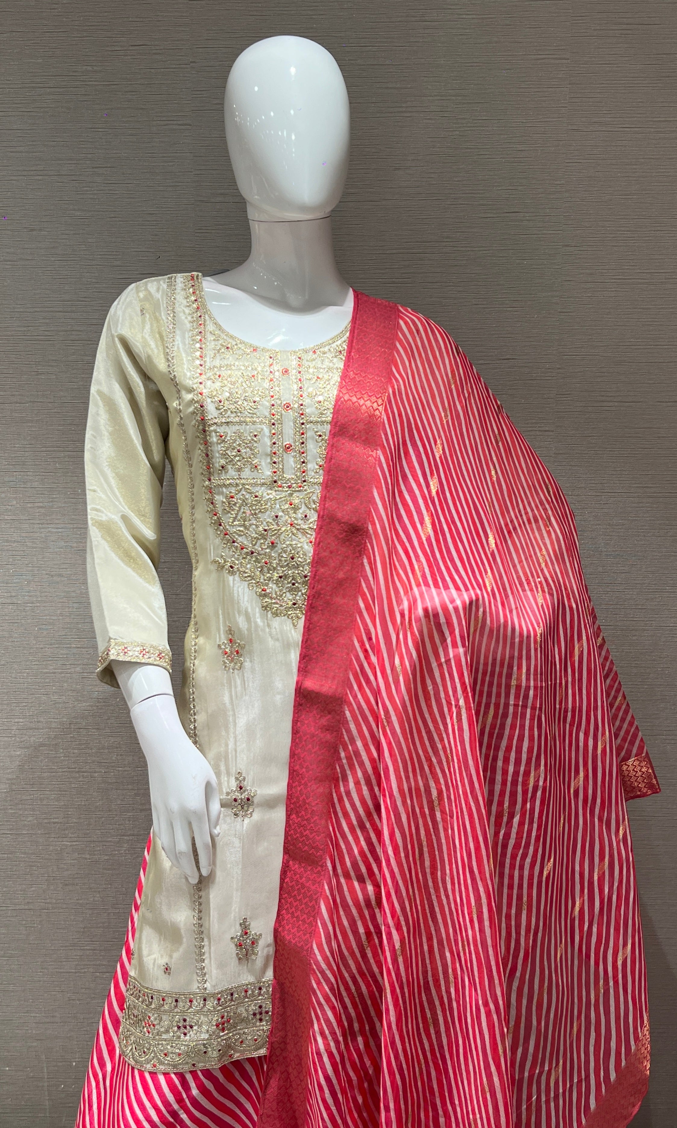 Cream EMBROIDERED kurta set WITH PALAZZO PANTS