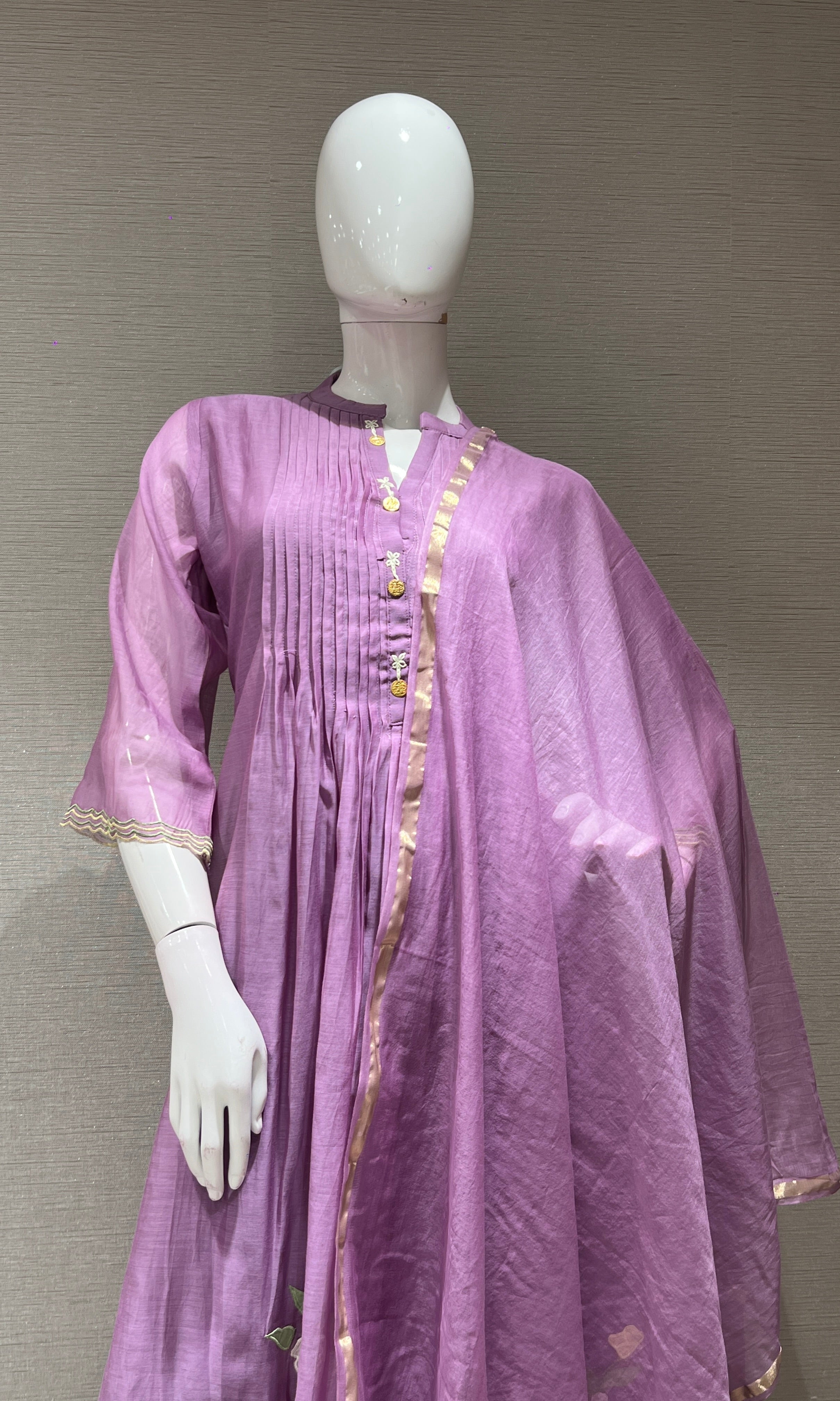 Purple FLORAL MUL CHANDERI KURTA SET