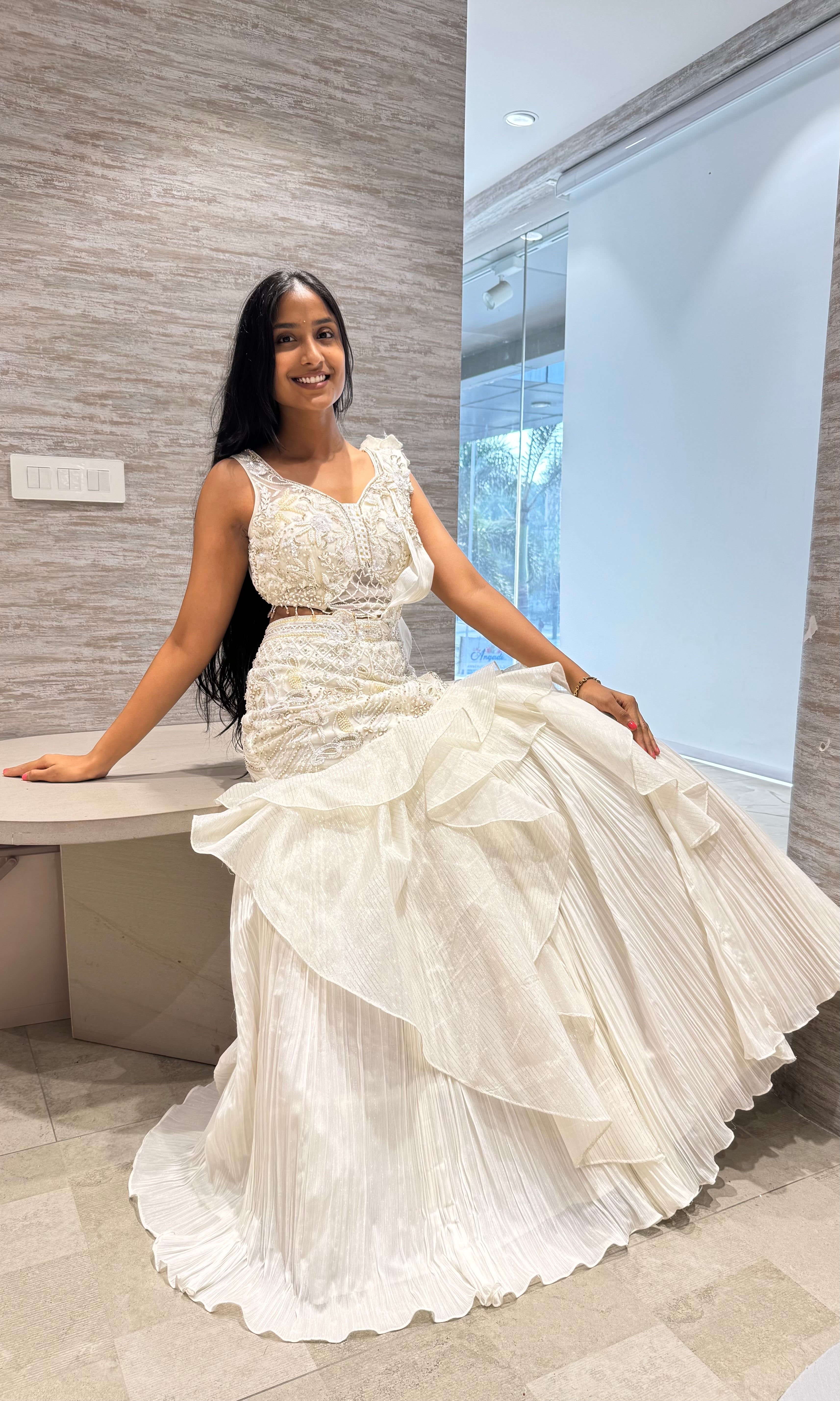 WHITE RUFFLE EMBROIDERED LEHENGA