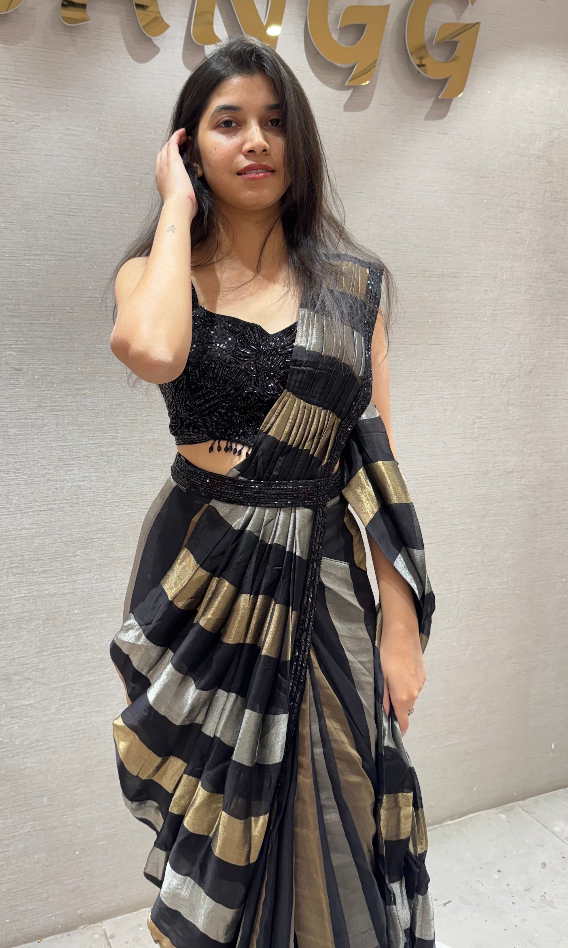 Black Tissue Drape Saree With Belt