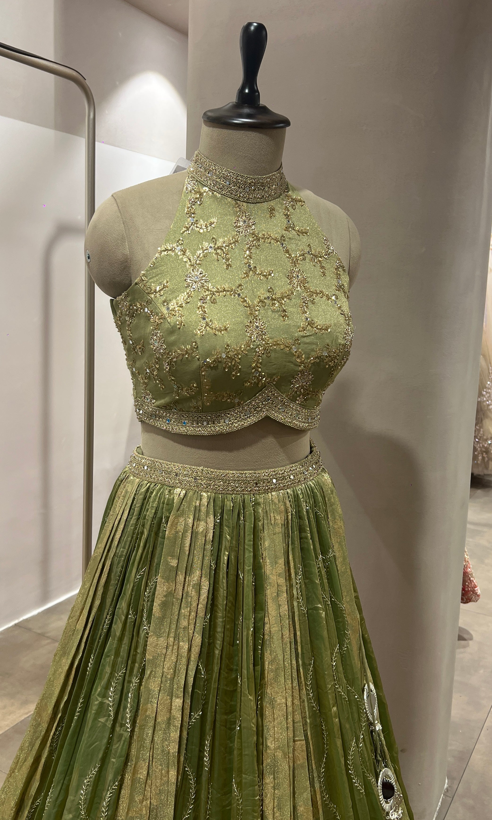 Green GOLDEN LEHENGA WITH HALTER NECK BLOUSE