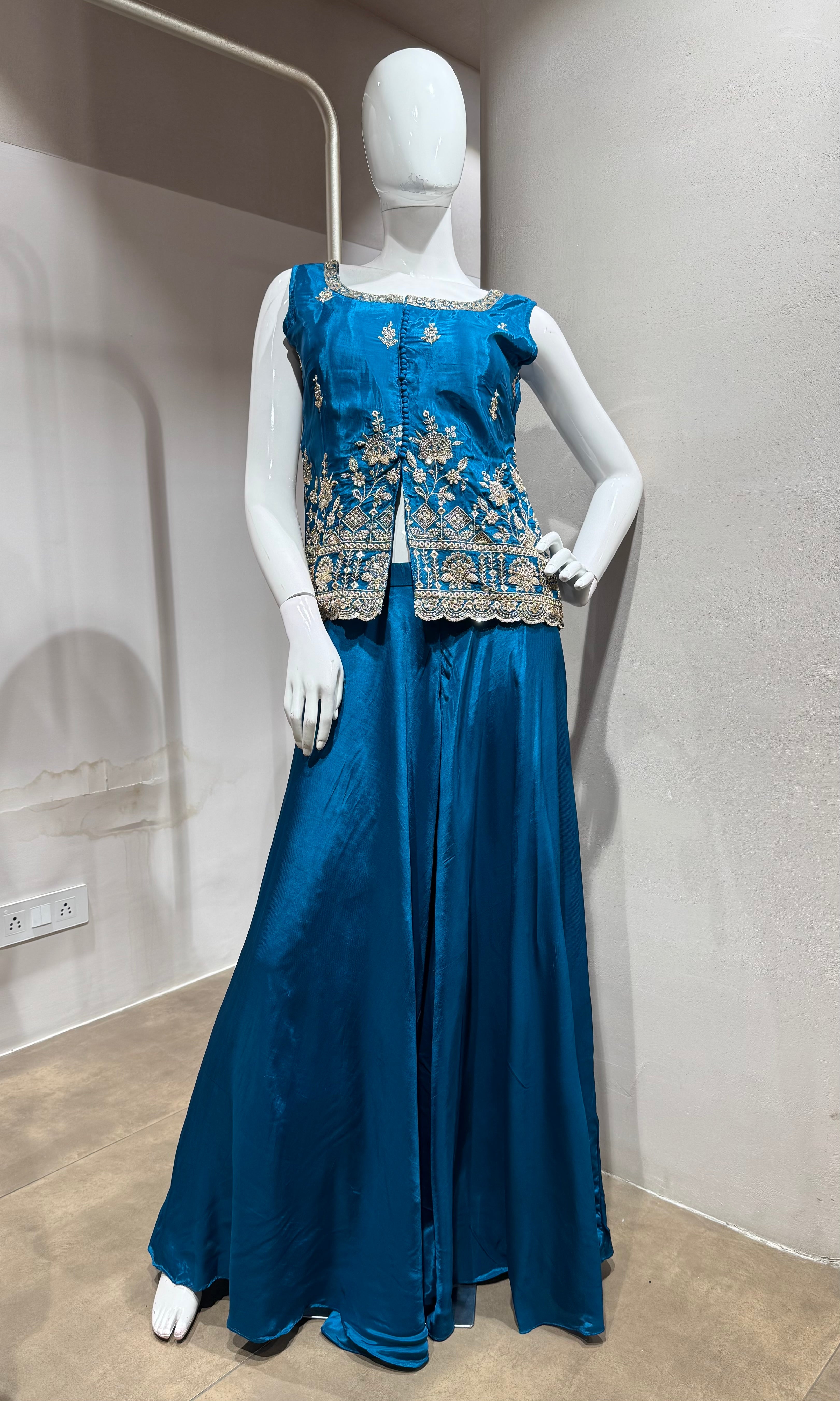Blue Embroidered Silk Peplum Palazzo Set