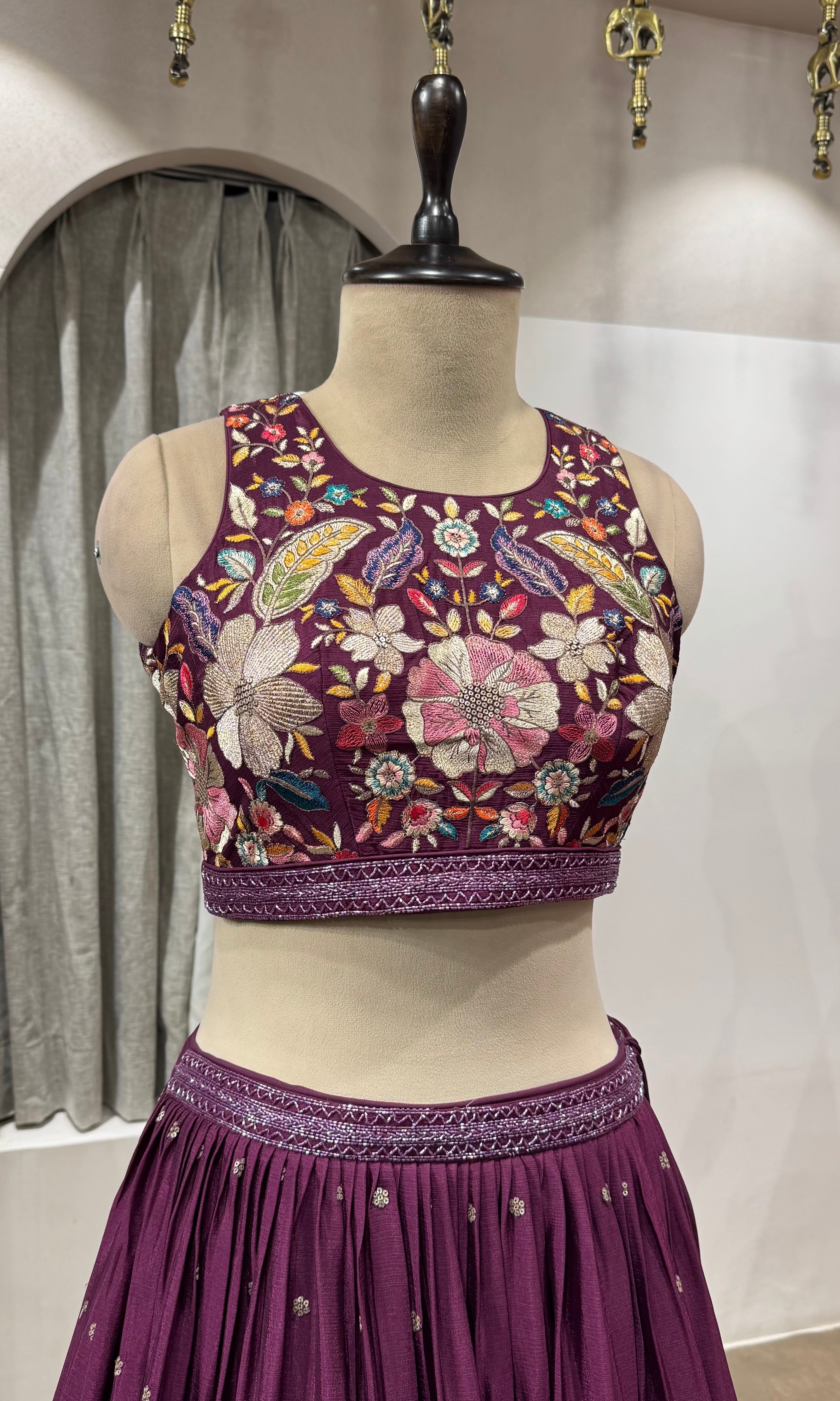 WINE FLORAL EMBROIDERED LEHENGA SET