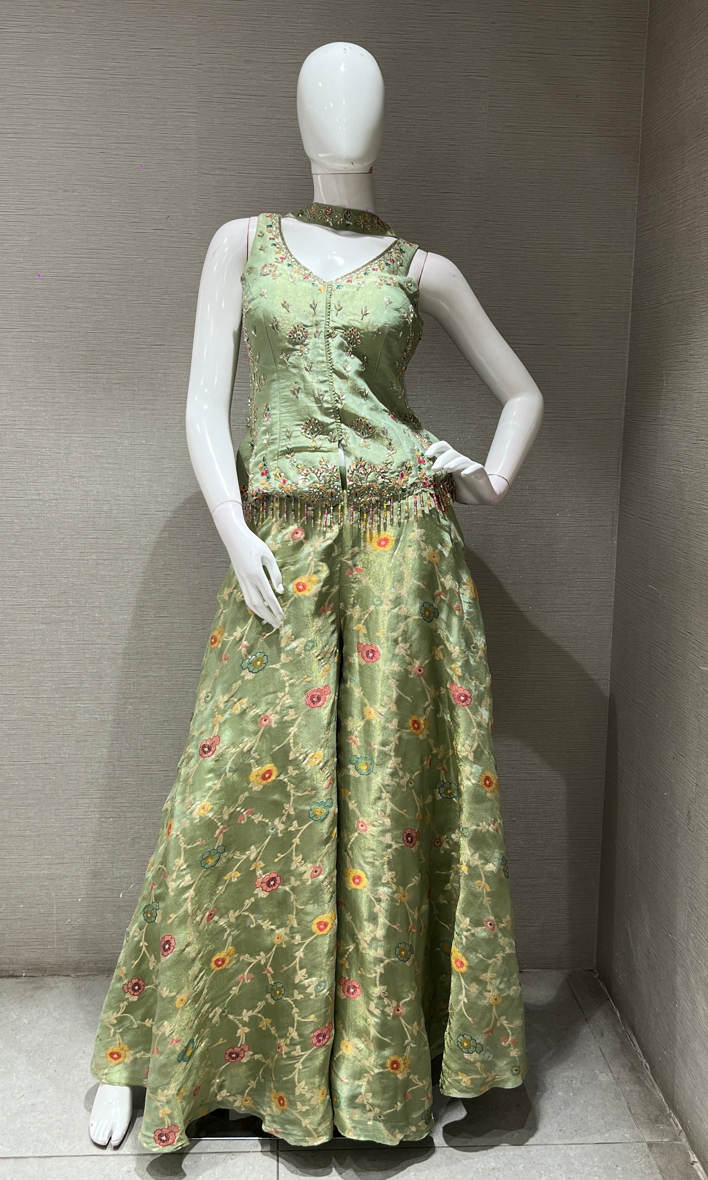 Pista green FLORAL EMBROIDERED PALAZZO SET