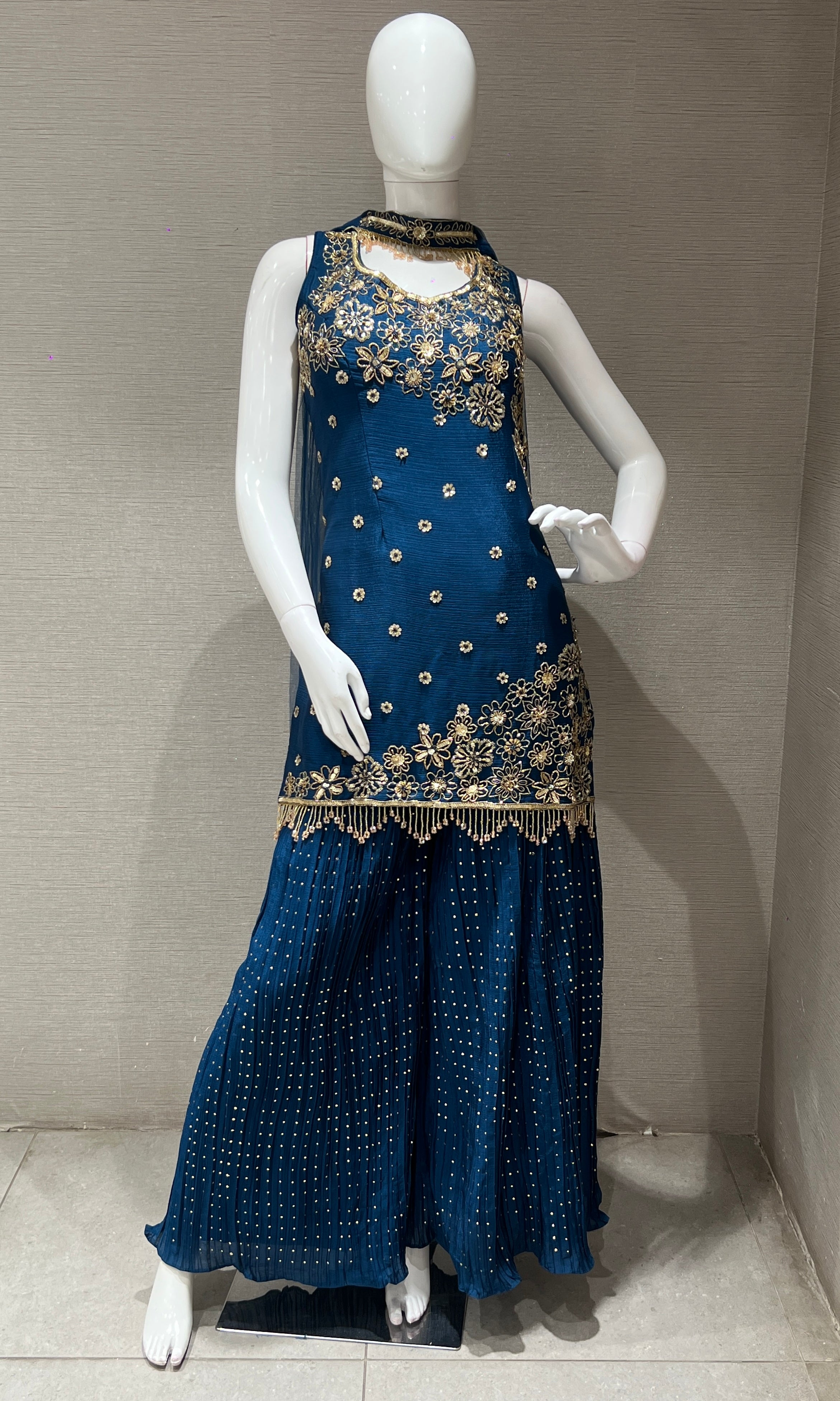 Peacock blue embroidered sharara set
