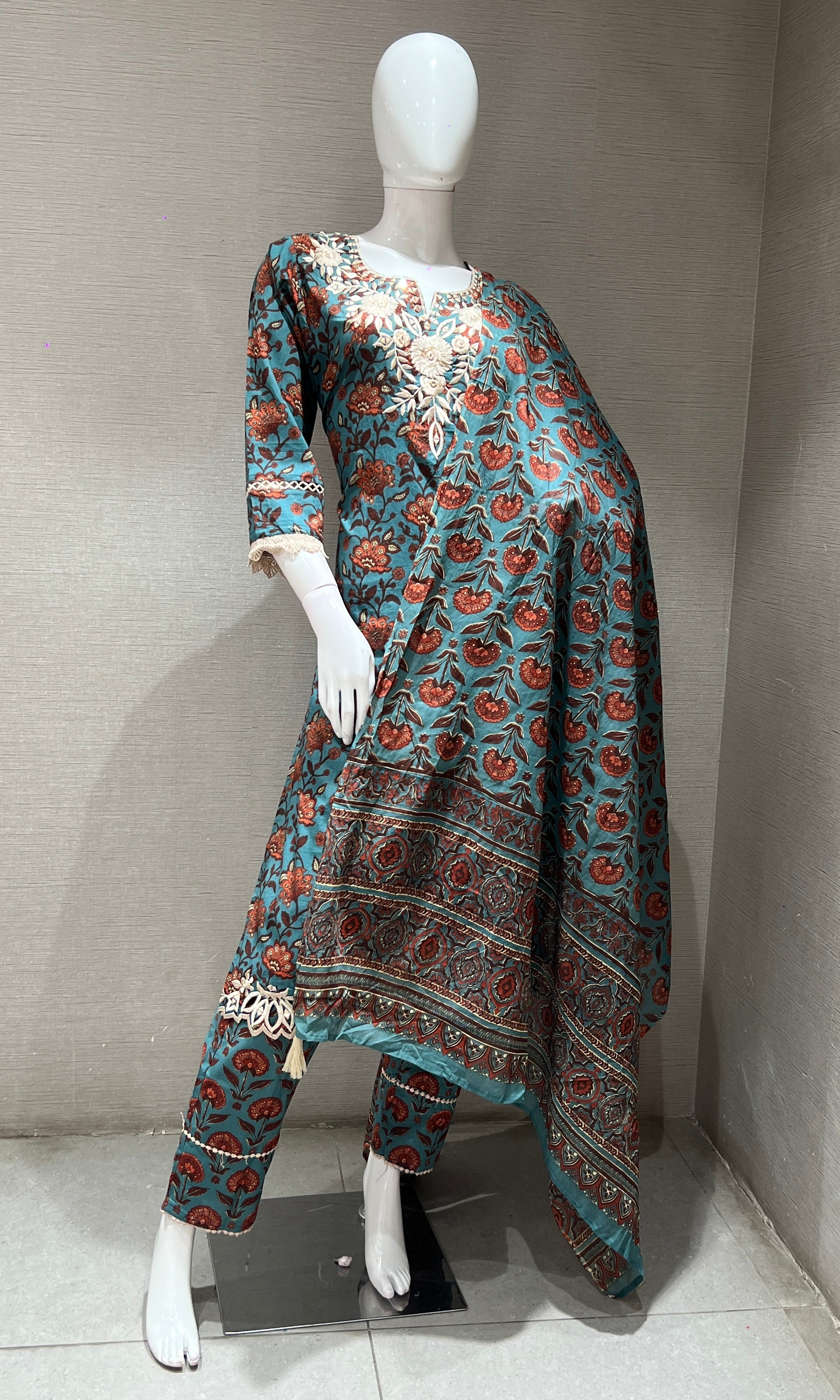 BLUE printed EMBROIDERED KURTA SET