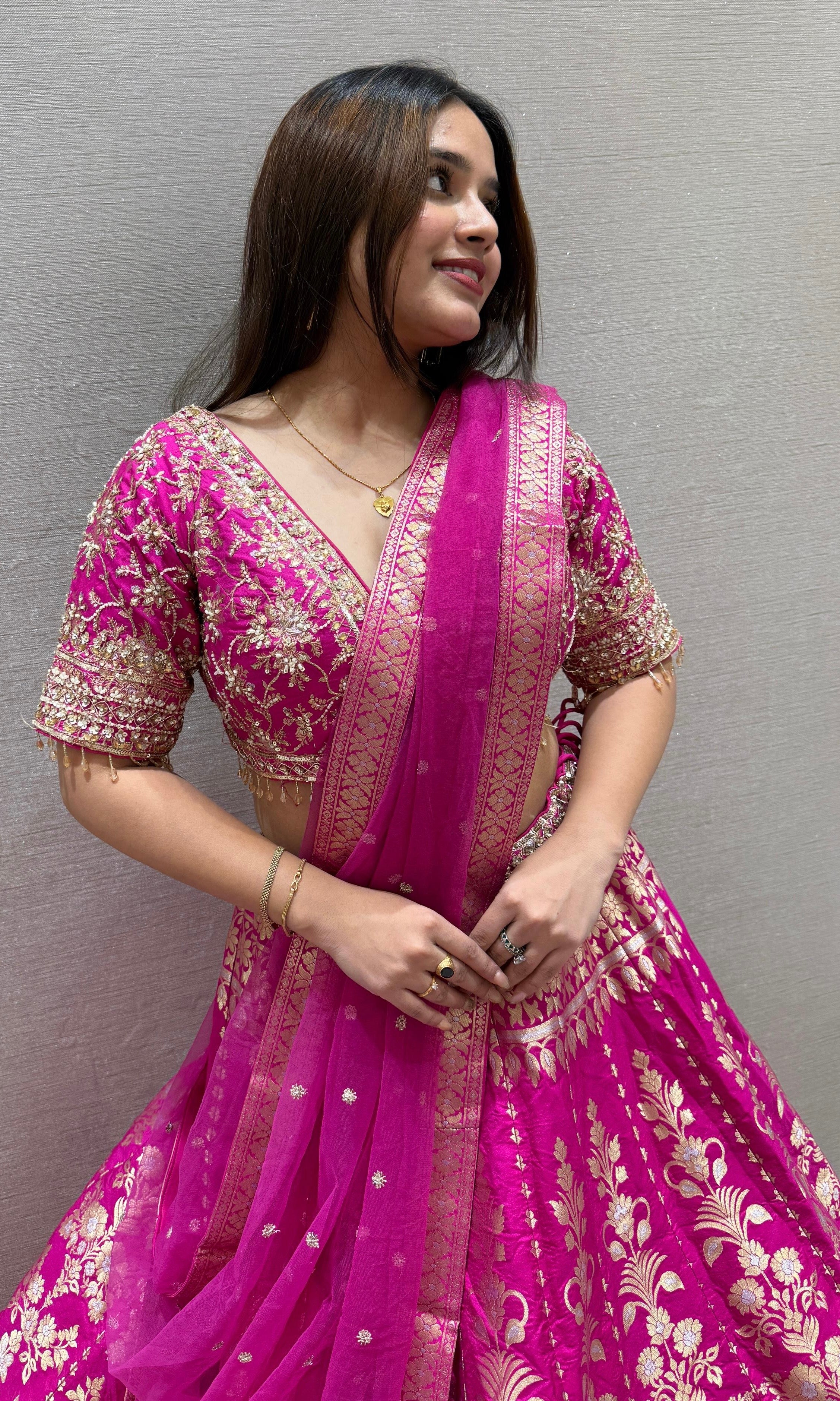 Pink Banarasi Embroidered Lehenga