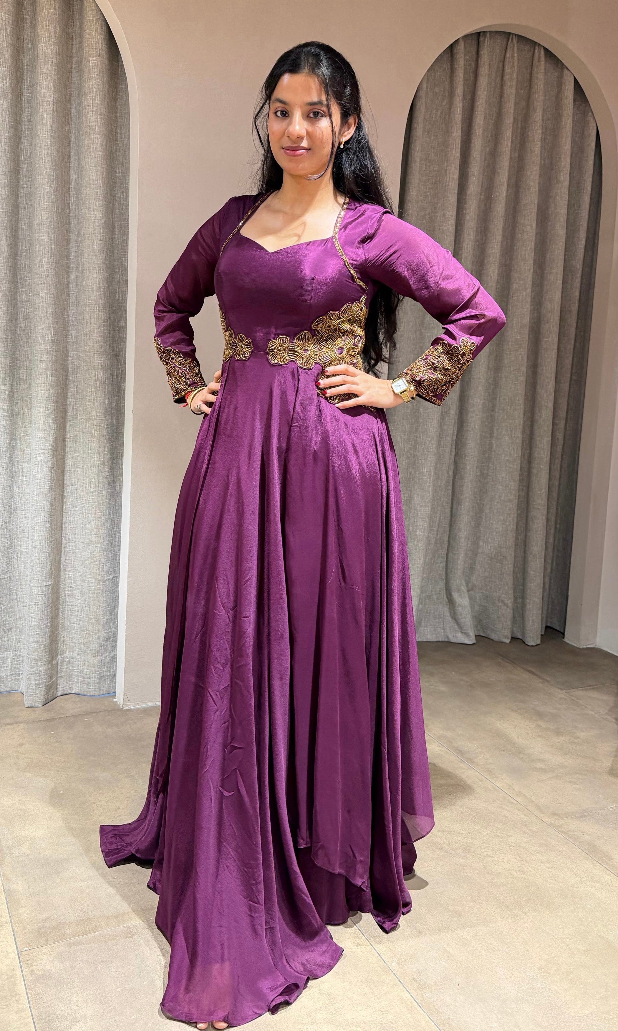 Wine GOLDEN EMBROIDERY LONG ANARKALI GOWN
