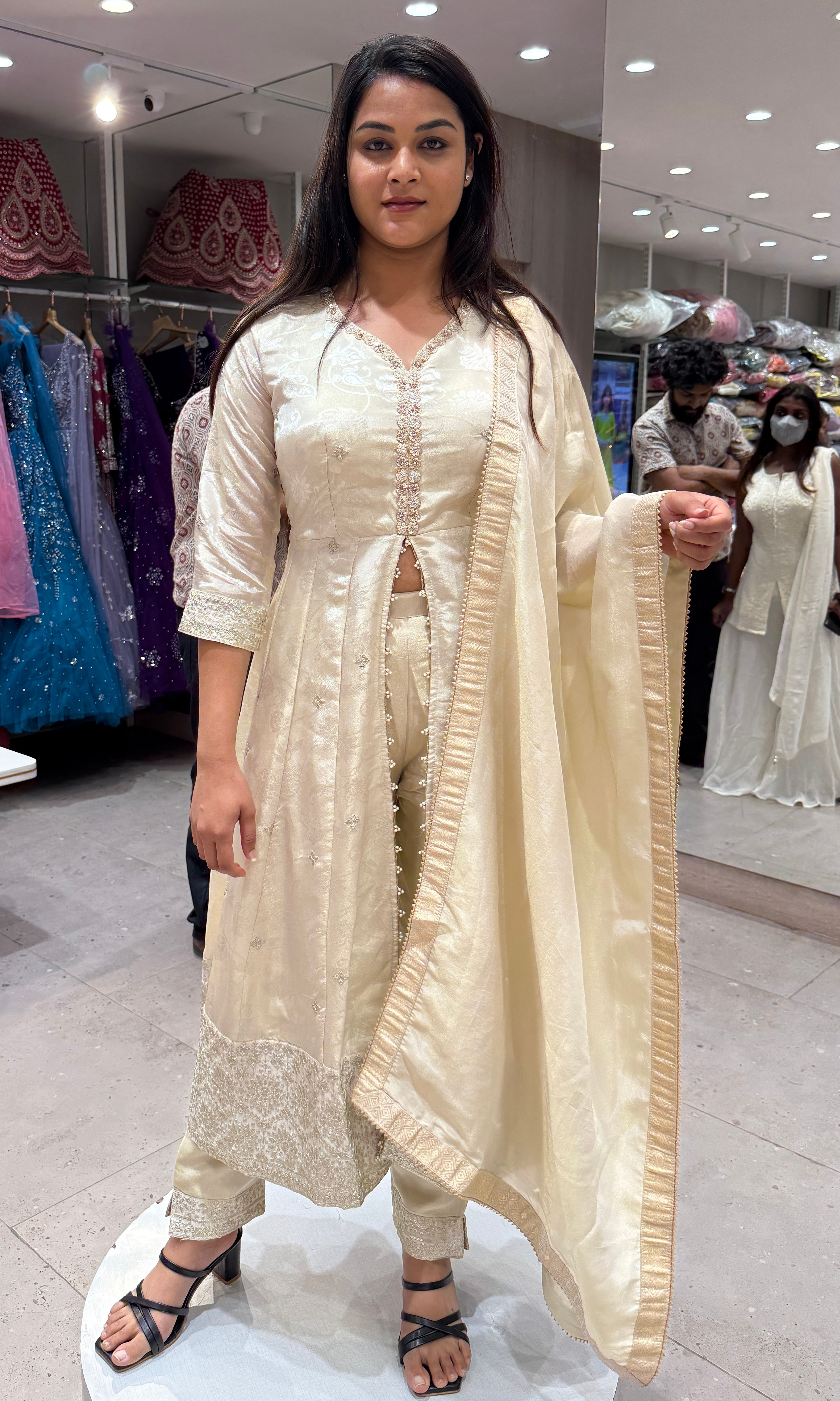 White front slit Kurti set with straight pant