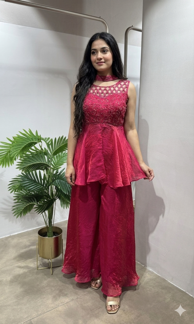 Pink georgette peplum Palazzo Set
