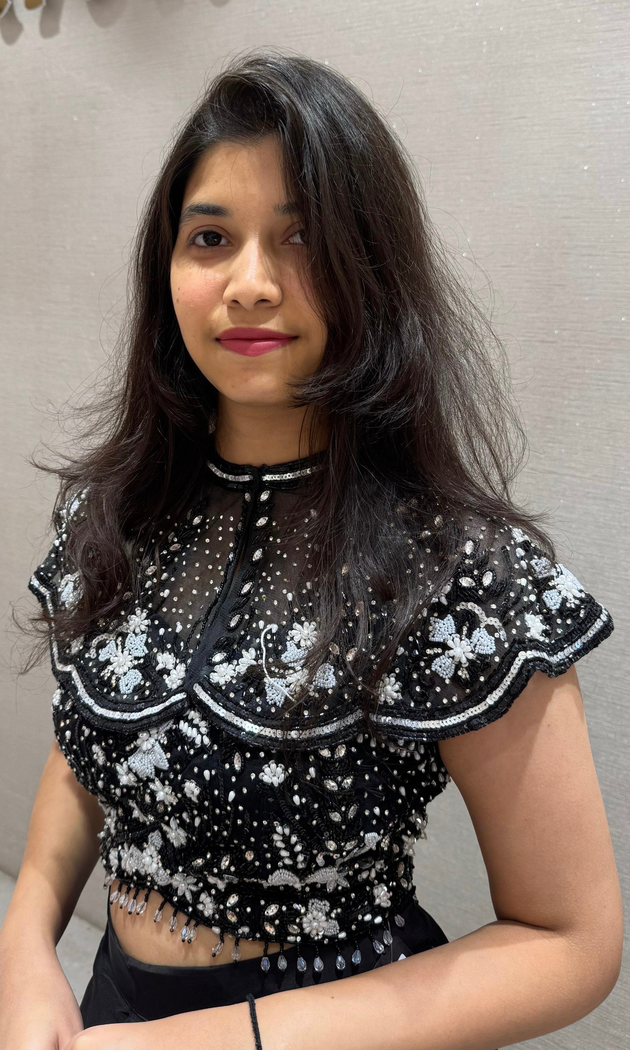 Black Sequin Embroidered Layered Drape Skirt