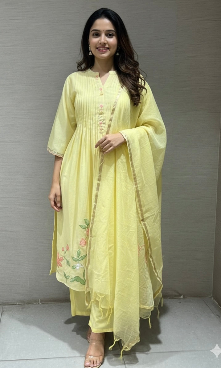 LIGHT yellow FLORAL MUL CHANDERI KURTA SET