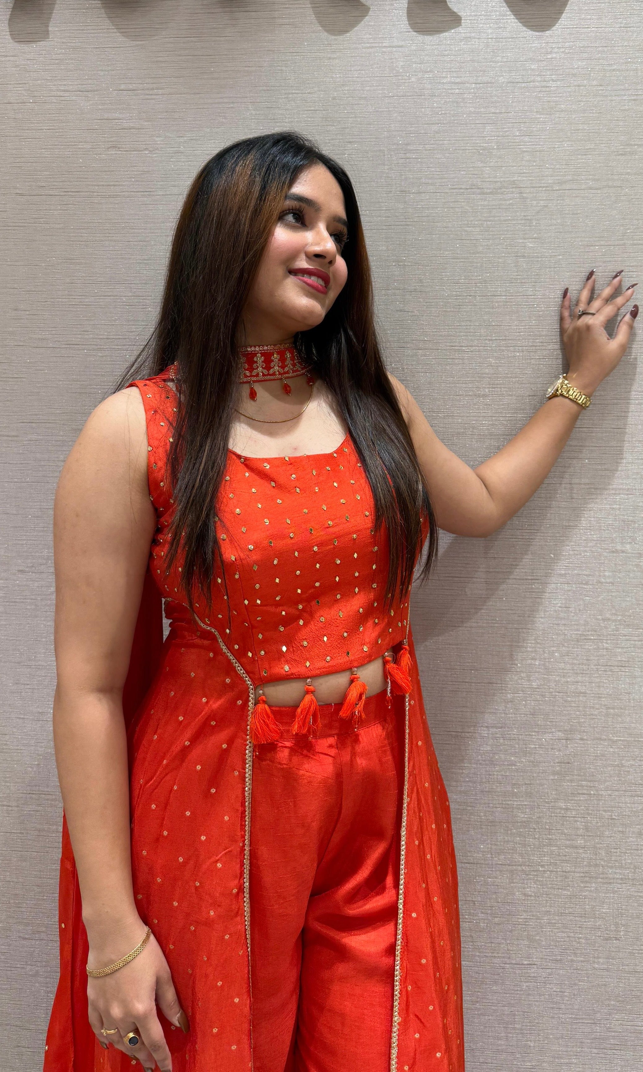 Orange 3 Piece Indo-Western dress (Crop Top with Plazzo)